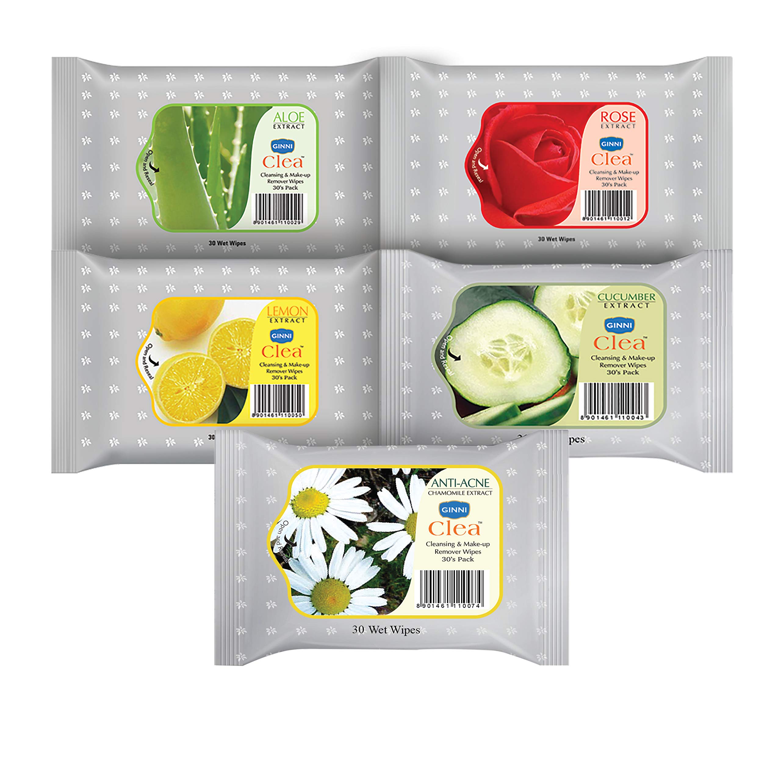 GINNI CLEA Cleansing & Makeup Remover Wet Wipes | Hydrating & Moisturizing for Face | Rose, Lemon, Aloe Vera, Cucumber, Anti-Acne | Effortlessly Removes Makeup | Pack of 5 (30 Wipes Each)