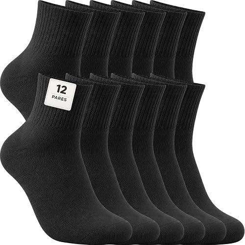 PS PROUTHS 12 Pares Calcetines Deporte Hombre Mujer – Pack Calcetines Caña Media Unisex para Running, Gimnasio, Tenis, Trabajo, Uso Diario – 85 % Algodón Transpirables, Cómodos y Suaves.