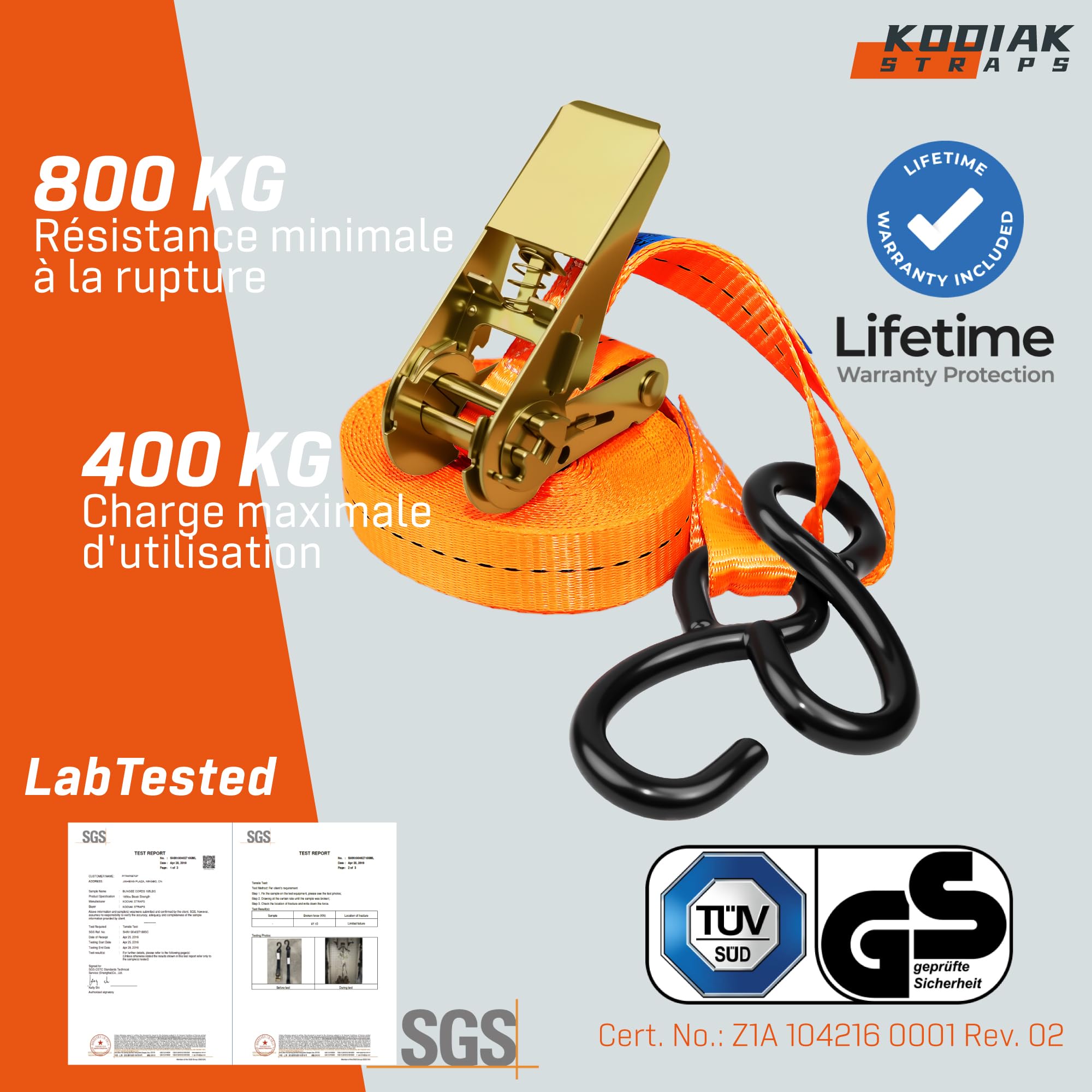 10 Lots de Sangles à Cliquet 6m x 800kg avec Crochets en S - Sangles d'Arrimage 25mm Orange pour Sécurisation de Chargement - Certifié TÜV/GS Selon la Norme DIN en 12195-2 - KODIAK STRAPS