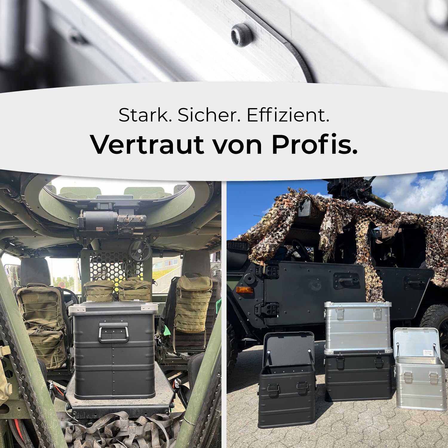 AluVault 047L – Alubox mit Deckel, Aluminium Aufbewahrungsbox, Alukiste, Spritzwassergeschützt, Staubdicht, Stapelbar - Transportbox mit Federgriffen für Werkzeug und Ausrüstung, Schwarz