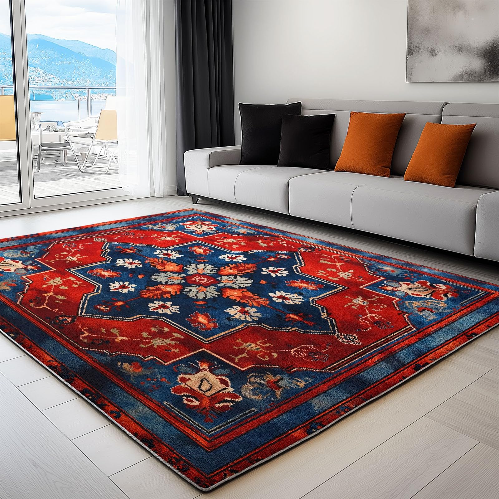 Dywan Symetria Kwadratowa Geometria Antypoślizgowe Dywaniki 140 x 200 cm, Vintage Kwiaty Miękkie Prostokątne Dywaniki Do Salonu - Wystrój Domu Dywan Można prać w pralce
