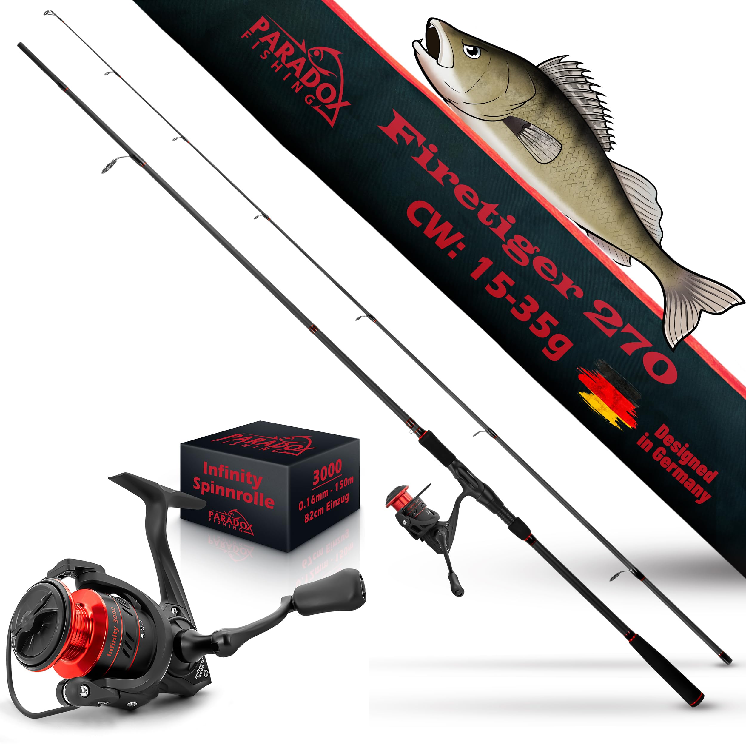 Paradox Fishing Firetiger Spinnrute mit Rolle I 2,7m 15-35g mit 3000 Rolle I Spinnruten perfekt für Zander Rute – Zanderrute