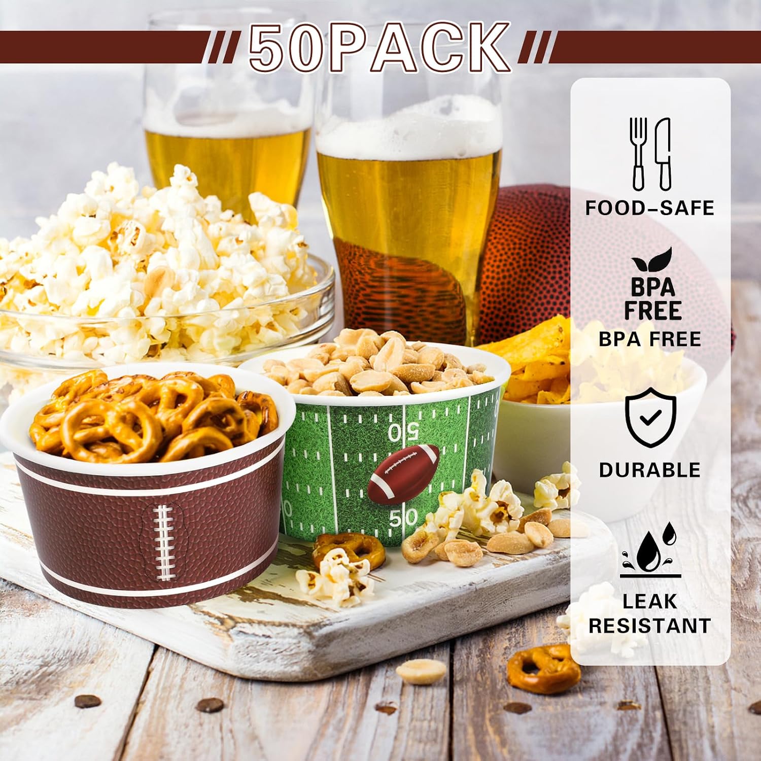 GiftPioneer 50pcs Large Football Snack Bowl, 12oz Football Snack Cups, Disposable Bowls Paper Bucket, Football Party Supplies for Sports Event, Gameday, Carnivals, Birthday, Party Decor