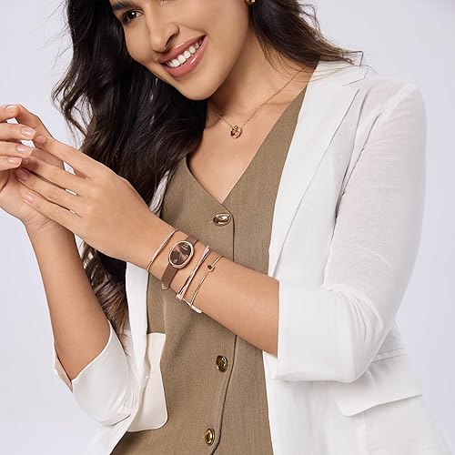 Miniatura 3 de TIME100 Reloj ovalado para mujer y pulsera acentuada con cristal de primera calidad, correa de cuero