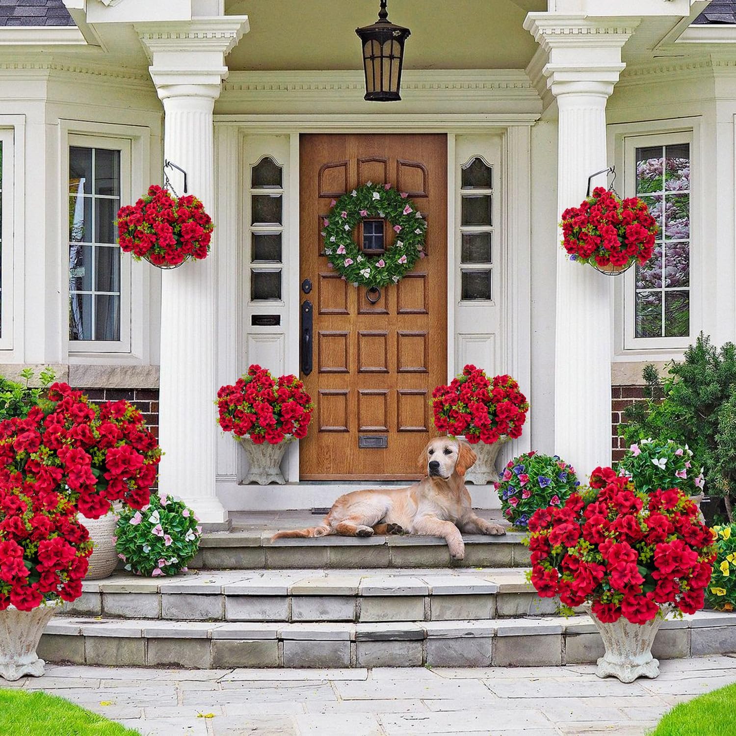 Artificial Geranium Flowers for Outdoor Decoration, 6 Bundles UV Resistant Silk Geranium Fake Plants Faux Flowers for Front Porch Garden Patio Window Box Outside Indoor Decor (Red)