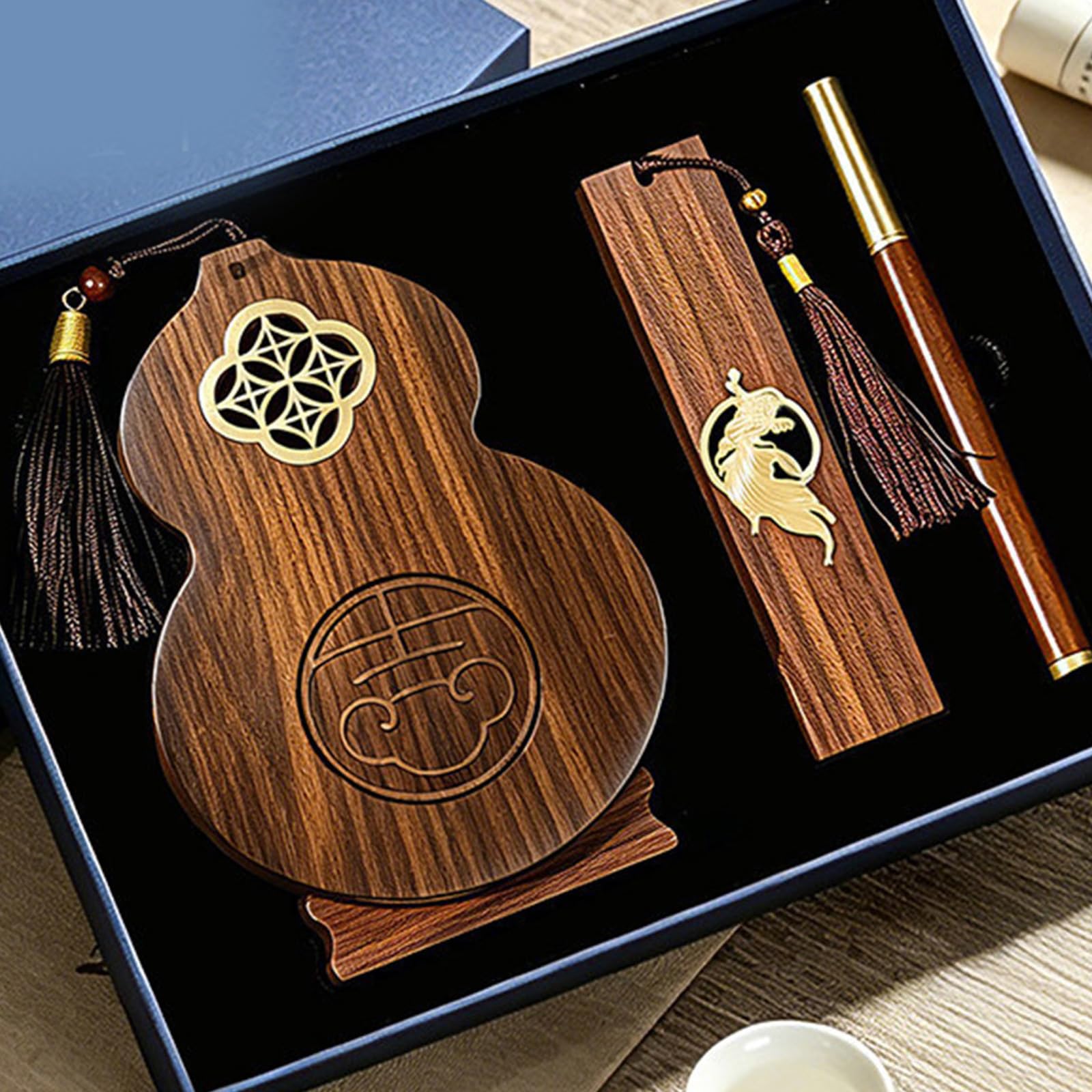 Set portapenne da scrivania in legno con segnalibro e penna, A | Organizer ispirazione cinese con aspetto legno per scrivanie da studio e da lavoro