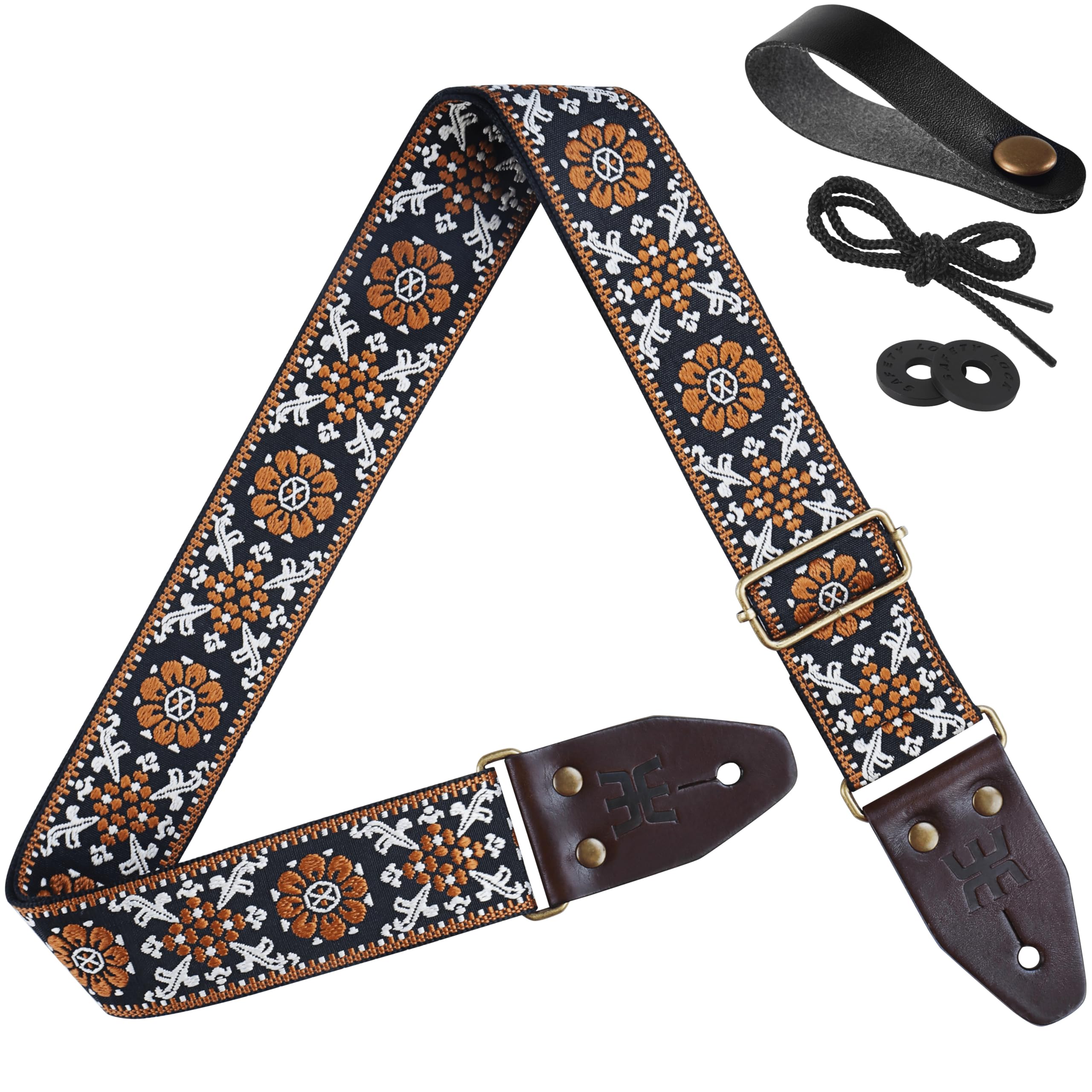 Amumu Brown Lucky Flower Embroidery Guitar Strap, Vintage Style with Top Grain Cowhide Leather Ends & Pick Pocket, Fits Bass