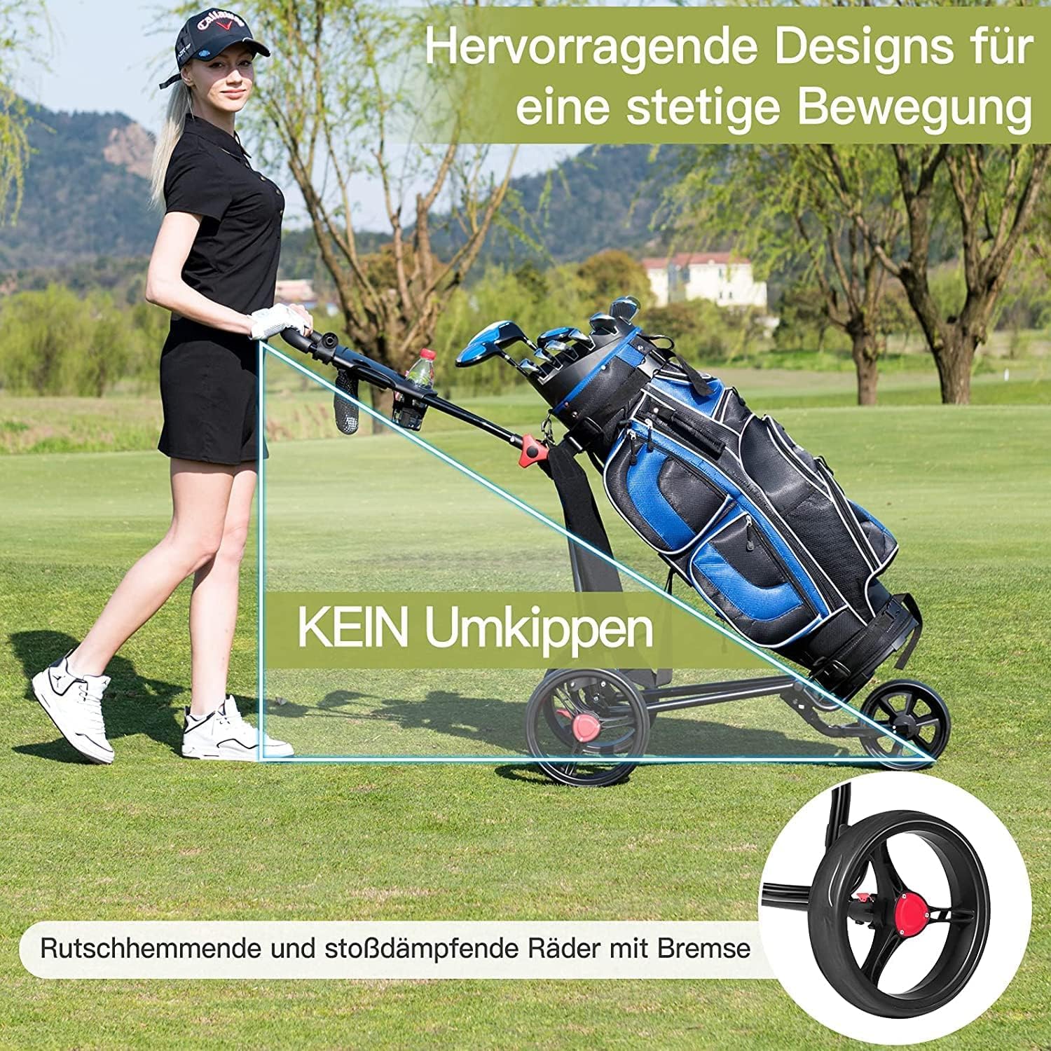 GYMAX Golftrolley faltbar, Golfwagen 3 Rad mit Scorekartenhalter, Getränkehalter & Regenschirmhalter, Golf Push Cart mit verstellbarem Griff aus Eisen, Schwarz