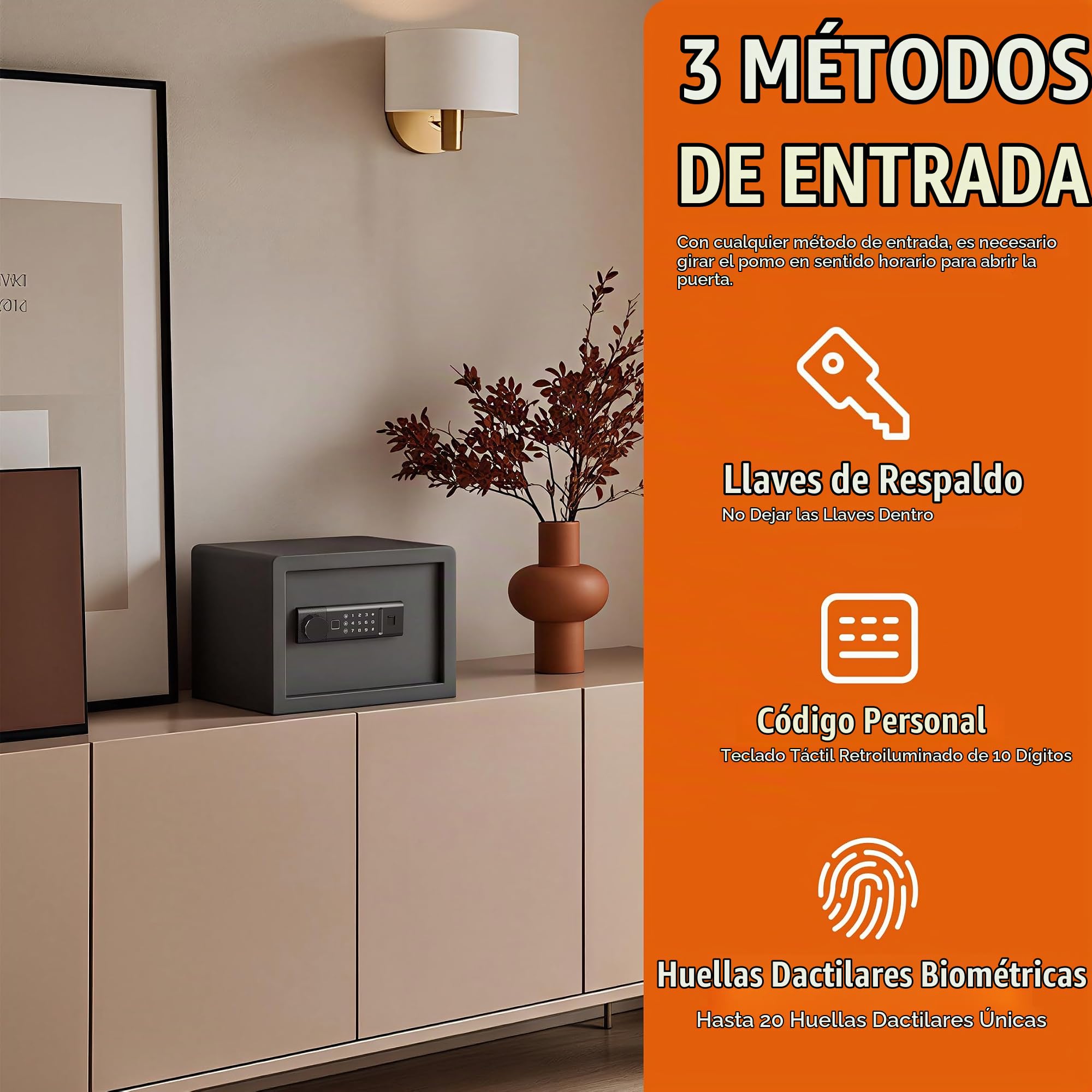 RPNB Caja fuerte biométrica retroiluminada Touchpad pequeña caja fuerte para el hogar con puerto USB-C de emergencia luz indicadora caja fuerte de acero de aleación para dinero y joyas 14L