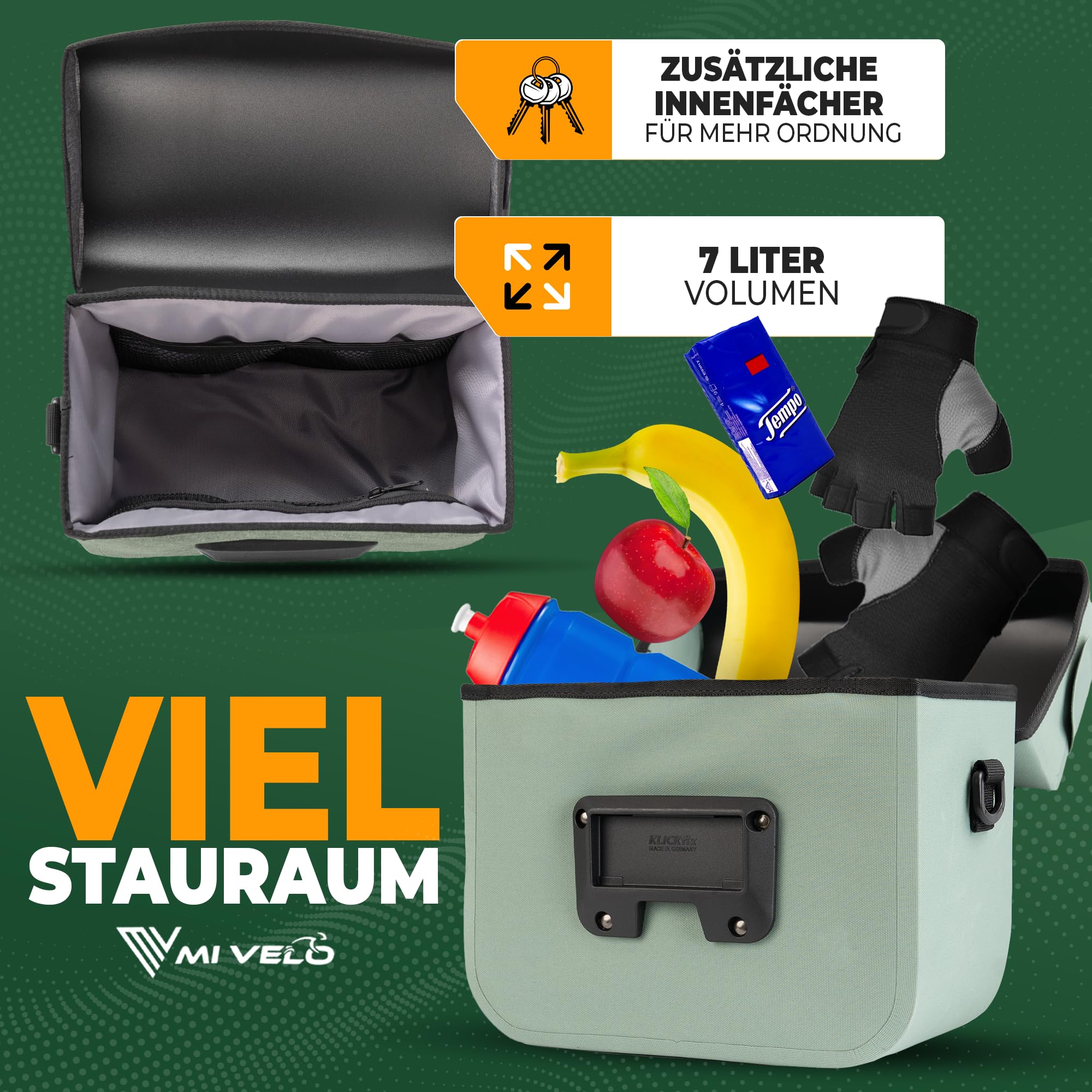 MIVELO Sacoche de guidon de vélo, 100 % étanche, 7 litres, compatible avec vélo électrique (menthe)