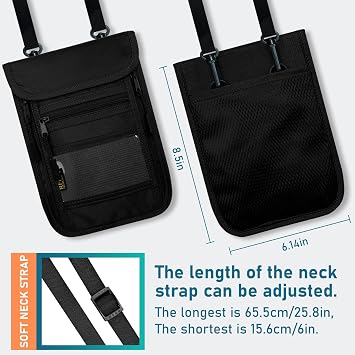 sundee Travel Neck Wallet with Double Zippers, RFID Blocking Passport Holder with Adjustable Neck Strap for Men and Women to Keep Cash, Credit Cards and Travel Documents Safe - Black