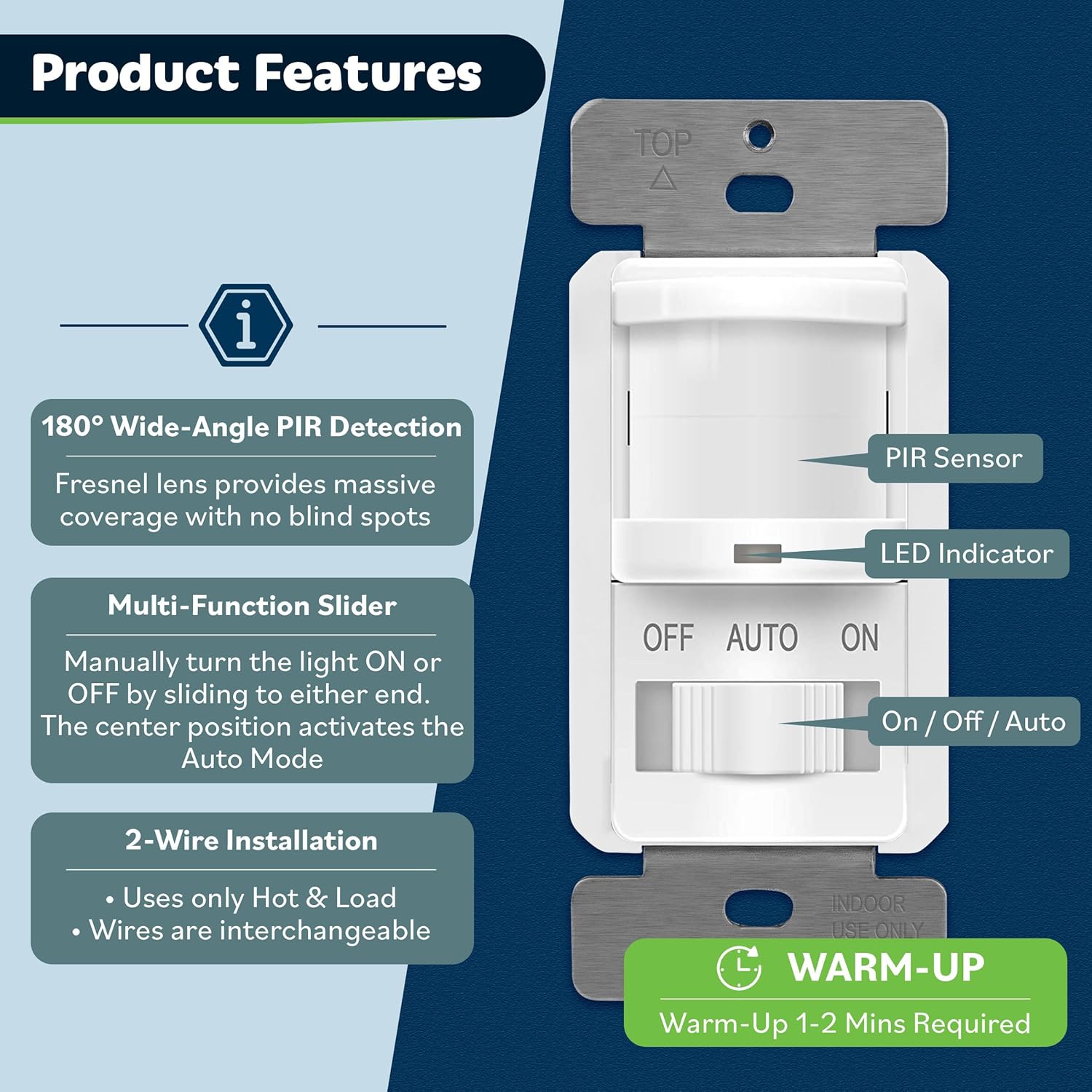 TOPGREENER Occupancy/Vacancy PIR Motion Sensor Light Switch, Learning Function, No Neutral No Ground Required, 200W Incandescent / 150W LED Load, UL Listed, Wall Plate, White, 4 Pack