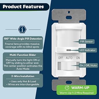 TOPGREENER Occupancy/Vacancy PIR Motion Sensor Light Switch, White, 1 Pack
