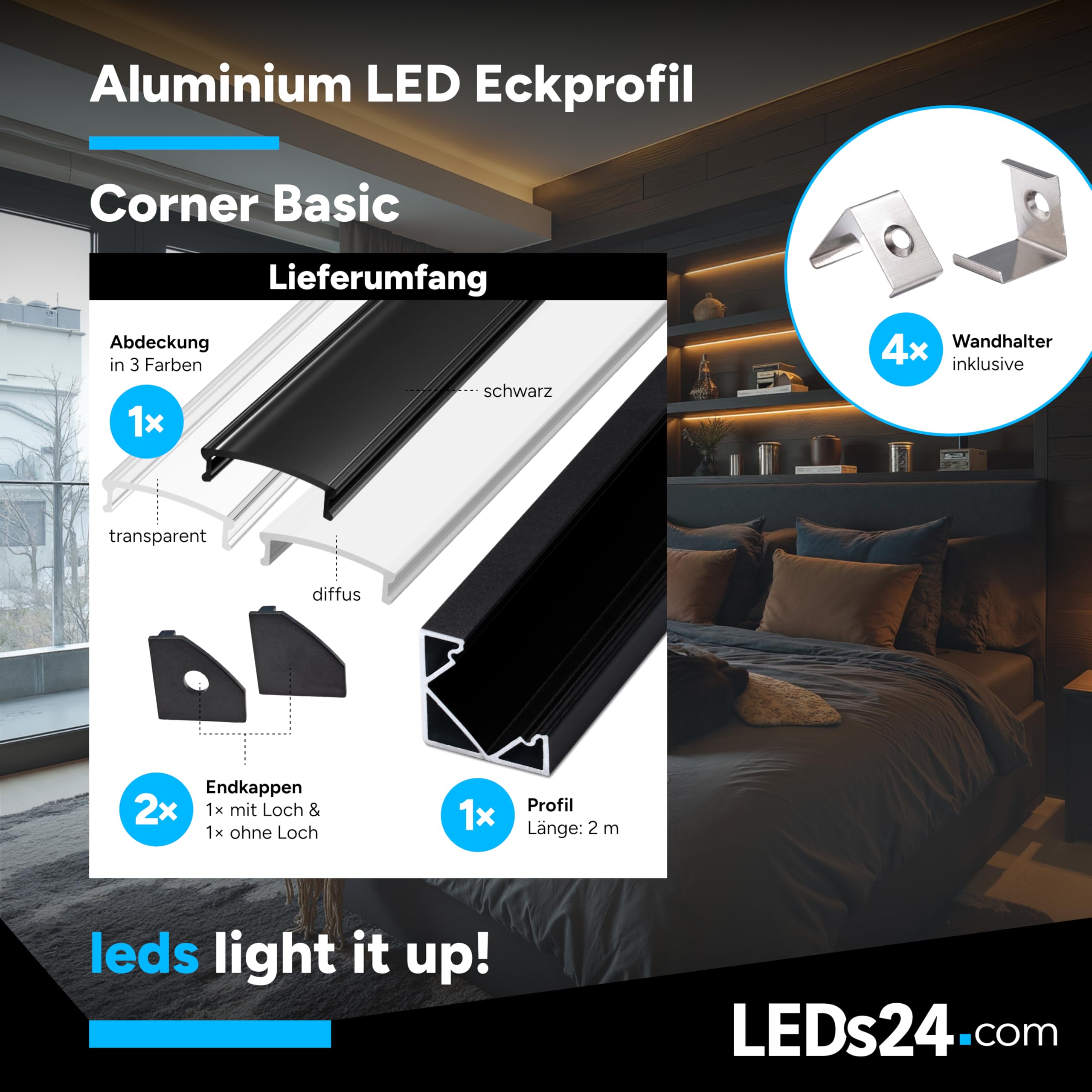 LED-Eckprofil 90° [2m] inkl. Abdeckung (diffus) - LED-Profil für Unterbau-, Treppen- & Deckenbeleuchtung an Küche, Möbeln & Regalen (schwarz,mit 2 Endkappen)