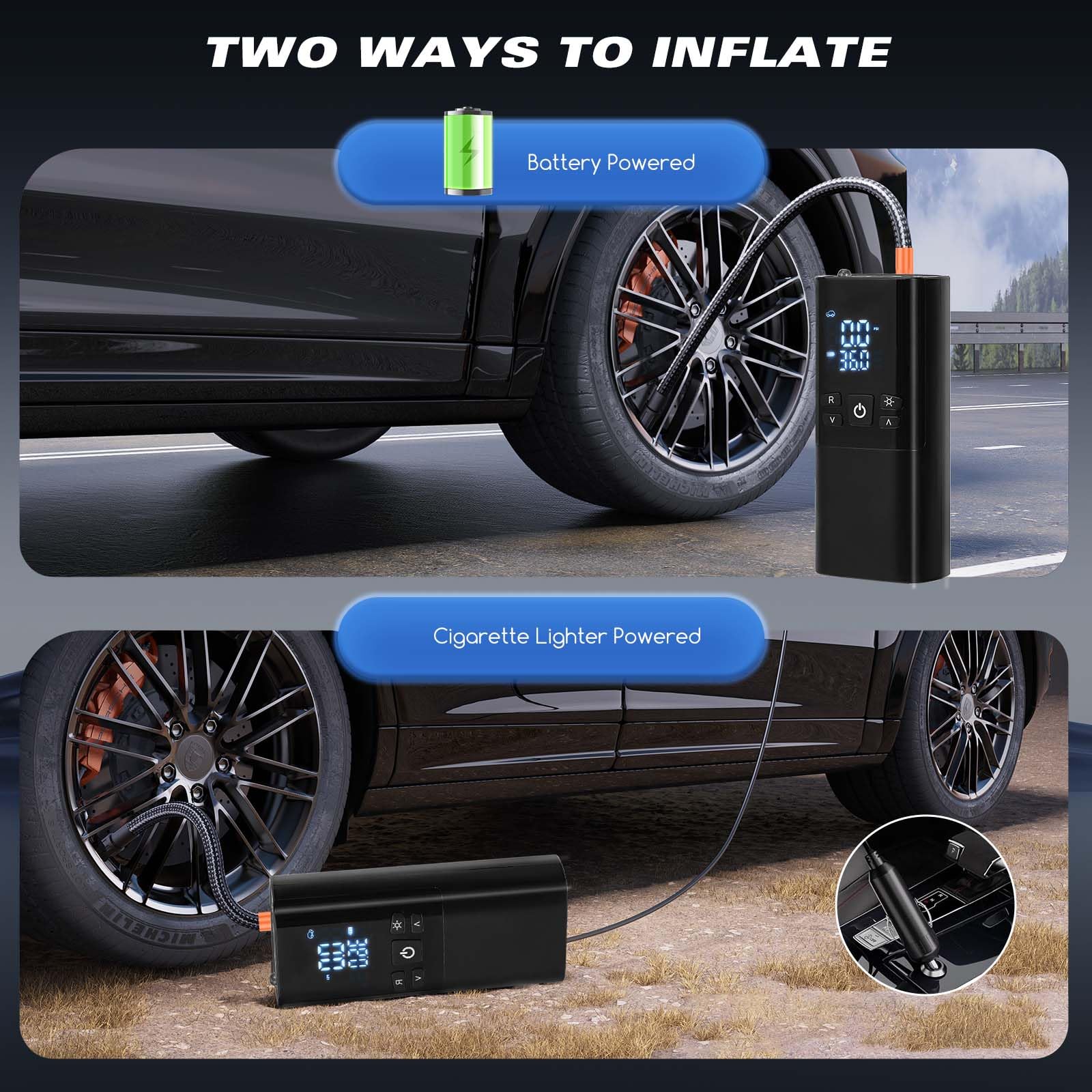 Compresor de aire portátil para neumáticos de coche, inflador de neumáticos inalámbrico de 150 PSI con apagado automático y luz LED, bomba de aire recargable de 10000 mAh para bicicleta, motocicleta