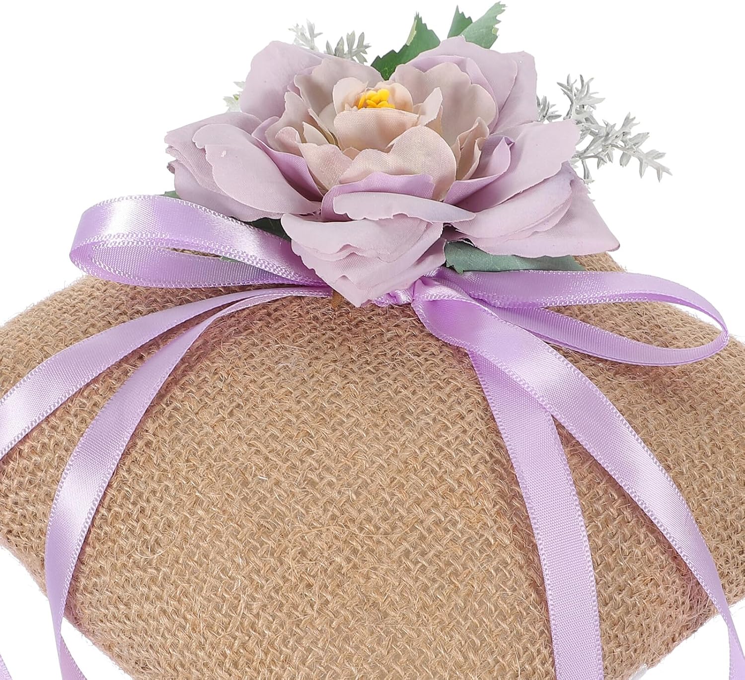Beavorty Rustic Burlap Decorative Ring Pillow with Artificial Flowers, Lavender Purple Wedding Ring Bearer Cushion for Bridal Shower and Ceremony Supplies
