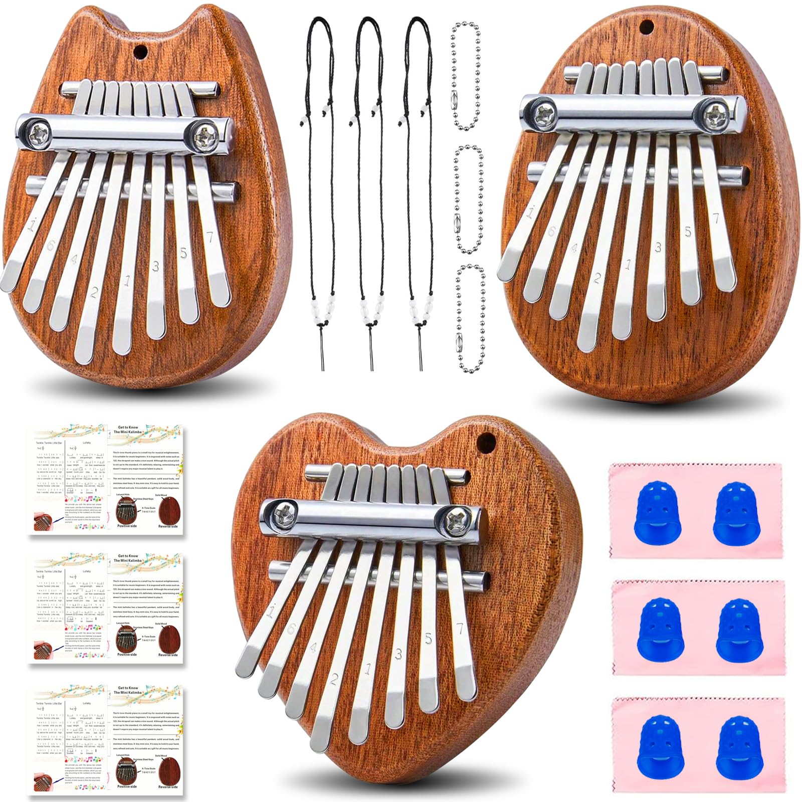 Paquet de 3 Mini Piano à Pouce Kalimba 8 Touches Piano à Doigts Instrument de Musique Professionnel avec Pendentif Porte Clés Accessoires Protège Doigts Cadeaux pour Enfants Adultes Débutants