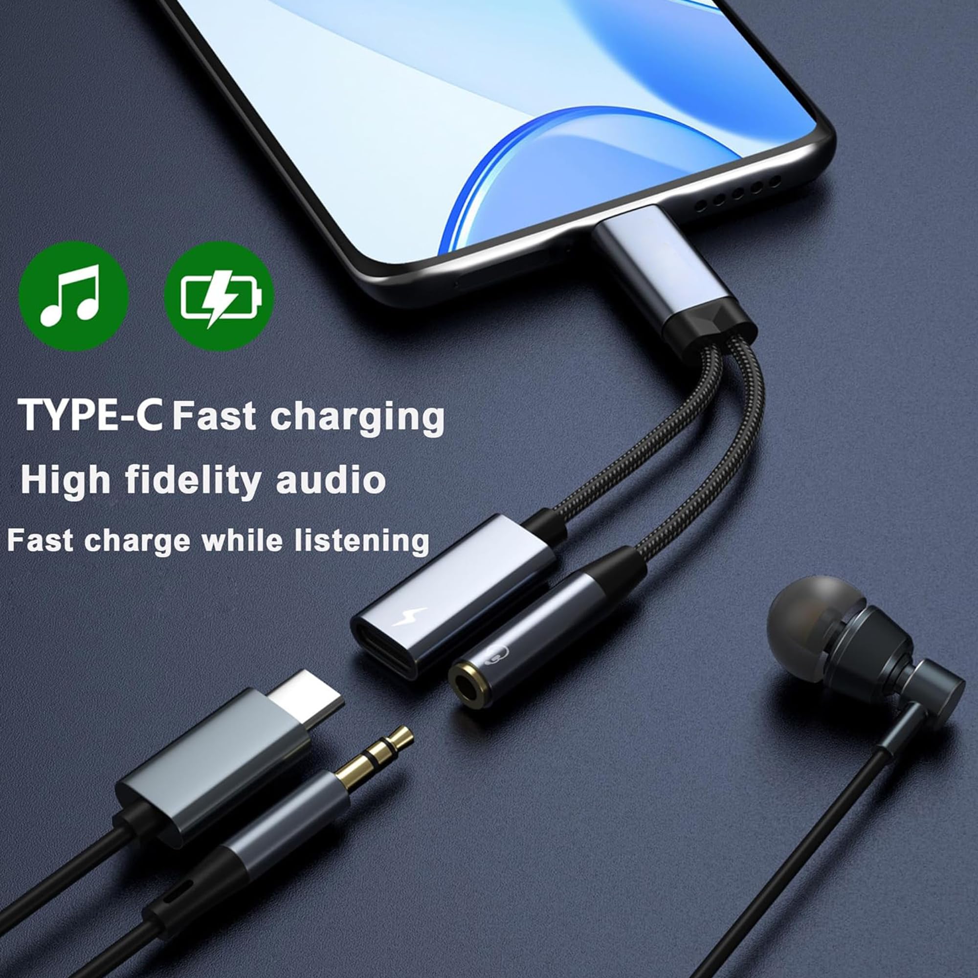 AWINLI USB C to 3.5mm Headphone and Charger Adapter,2-in-1 Type C to Aux Audio Jack and Fast Charging Cable Compatible with Samsung Galaxy S22 S21 S20,iPad Pro,Pixel(Silver)