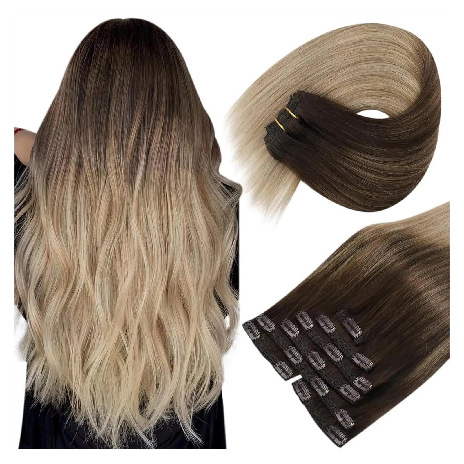 Clip in Przedłużanie włosów 7 sztuk Ludzkie włosy doczepiane klipsem Ombre Brązowy blond Doczepki z klipsem Ciemnobrązowy Balayage Złoty blond Ombre Platynowy blond 12–24 cali Klip do przedłużania lud