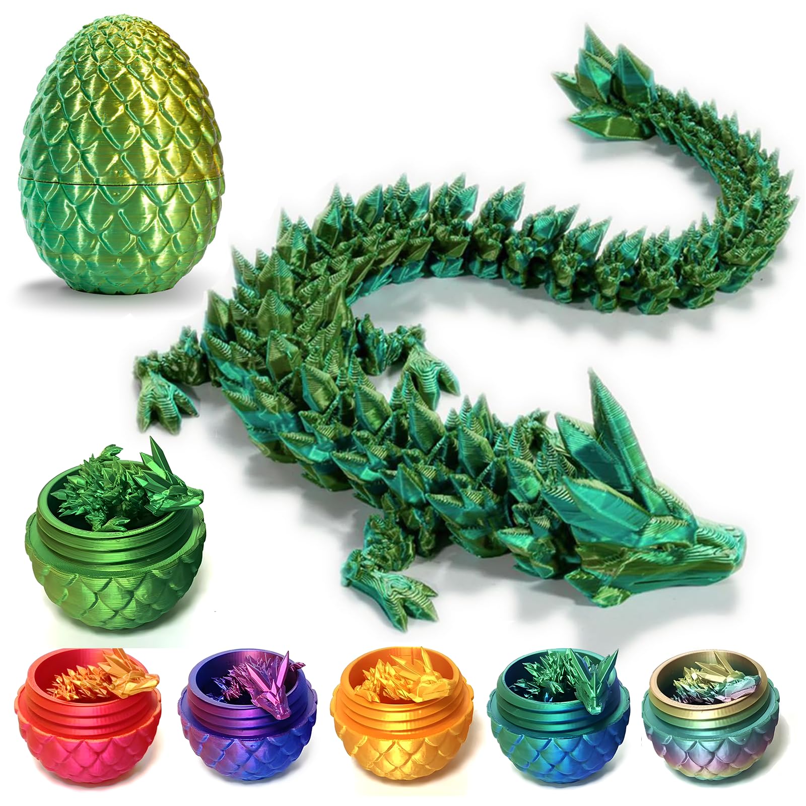 ZZXIAOJIE 3D Printed Dragon Egg Fidget Toys Mystery Crystal 3D Printed Animals Articulated Dragon Easter Eggs Gifts Home Desk Decor (Green-Yellow.A)