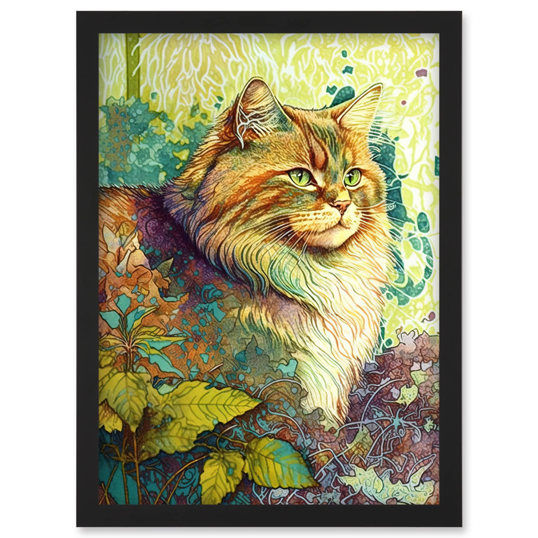 Siberian Cat in Nature Framed Wall Art Print A4 - Modern Colourful Illustration Artwork - Artery8