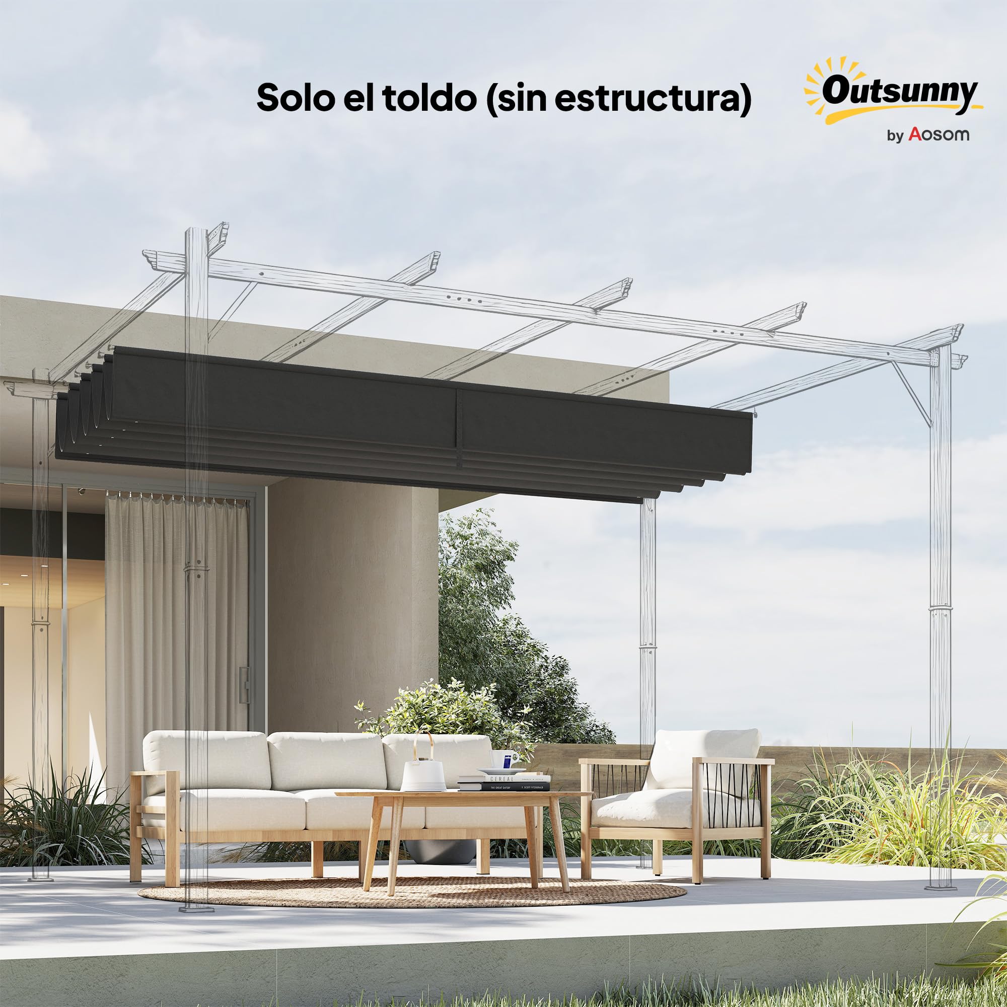 Outsunny Techo de Pérgola 3,5x2,6 m, Techo de Repuesto Retráctil para Marco de Pérgola de 4x3 m, UV30+, Toldo de Tela Solo para Cenador Jardín con 10 Orificios de Drenaje, Gris Oscuro