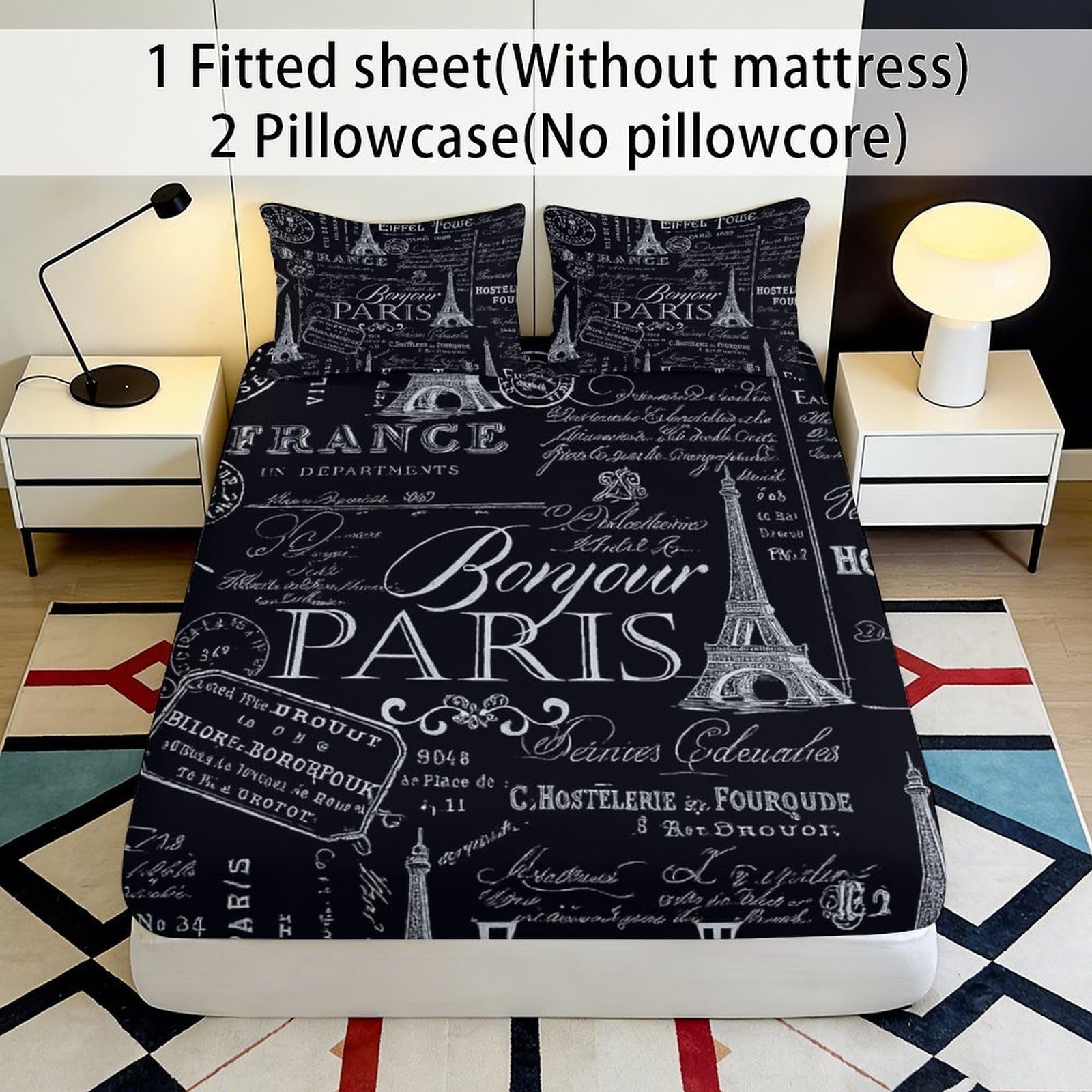 Lenzuolo con stampa 3D Parigi, in microfibra, antiscivolo | materiale morbido, coprimaterasso, facile da pulire, traspirante, lavabile, 180 x 200 x 25 cm