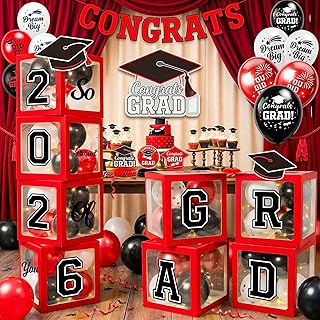 Graduation Decorations 2026 Red and Black Balloon Boxes for High School & College, Class of 2026 Congrats Grad Party Table Decorations with 4 String Lights, GRAD and So Proud of You Letters