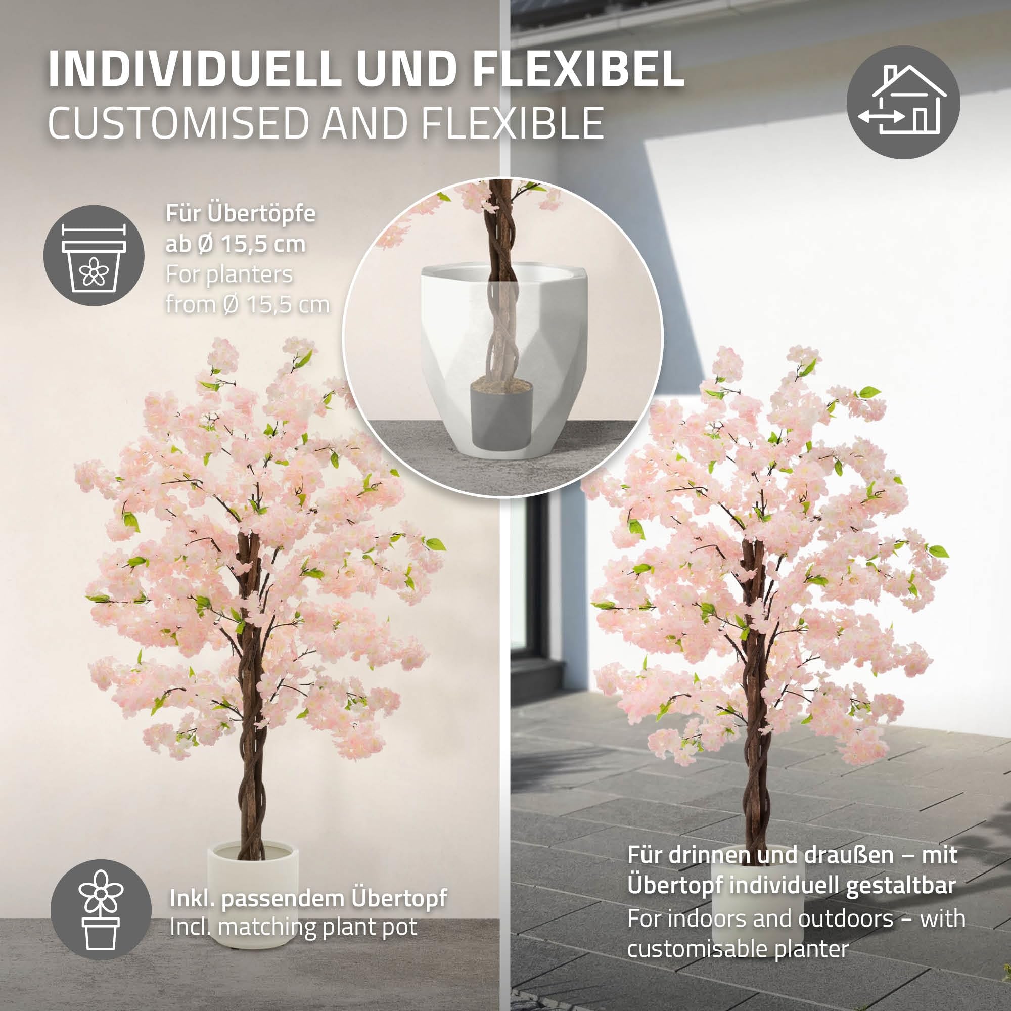 ML-Design Albero di Ciliegio Artificiale 150 cm Rosa, Pianta Finta Grande e Realistica con Tronco in Legno Naturale, Albero Decorativo in Vaso per Interni ed Esterni, Arredo Casa, Ufficio e Soggiorno