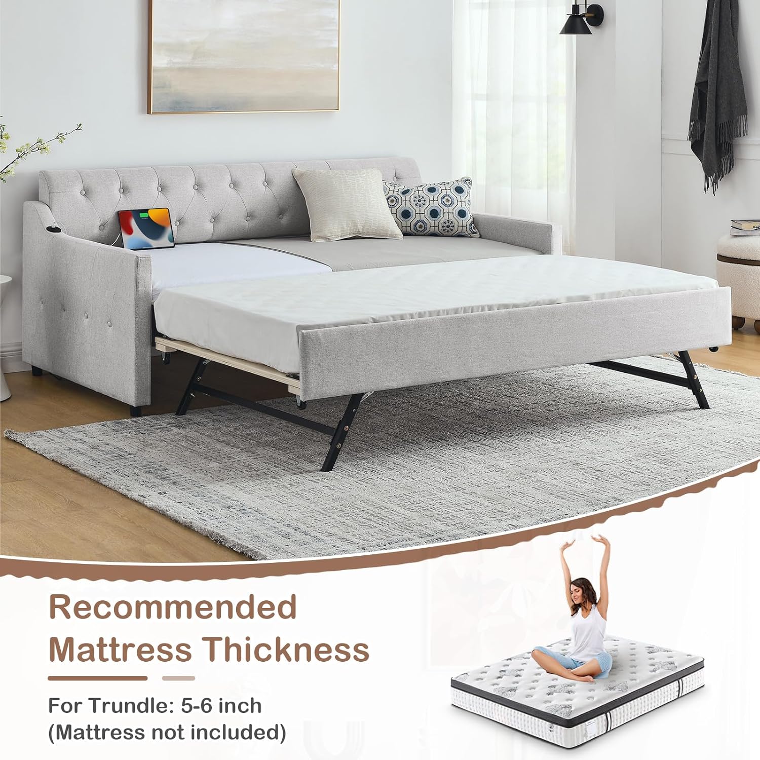 Diagram illustrating recommended mattress thickness for the Antetek Daybed and trundle.