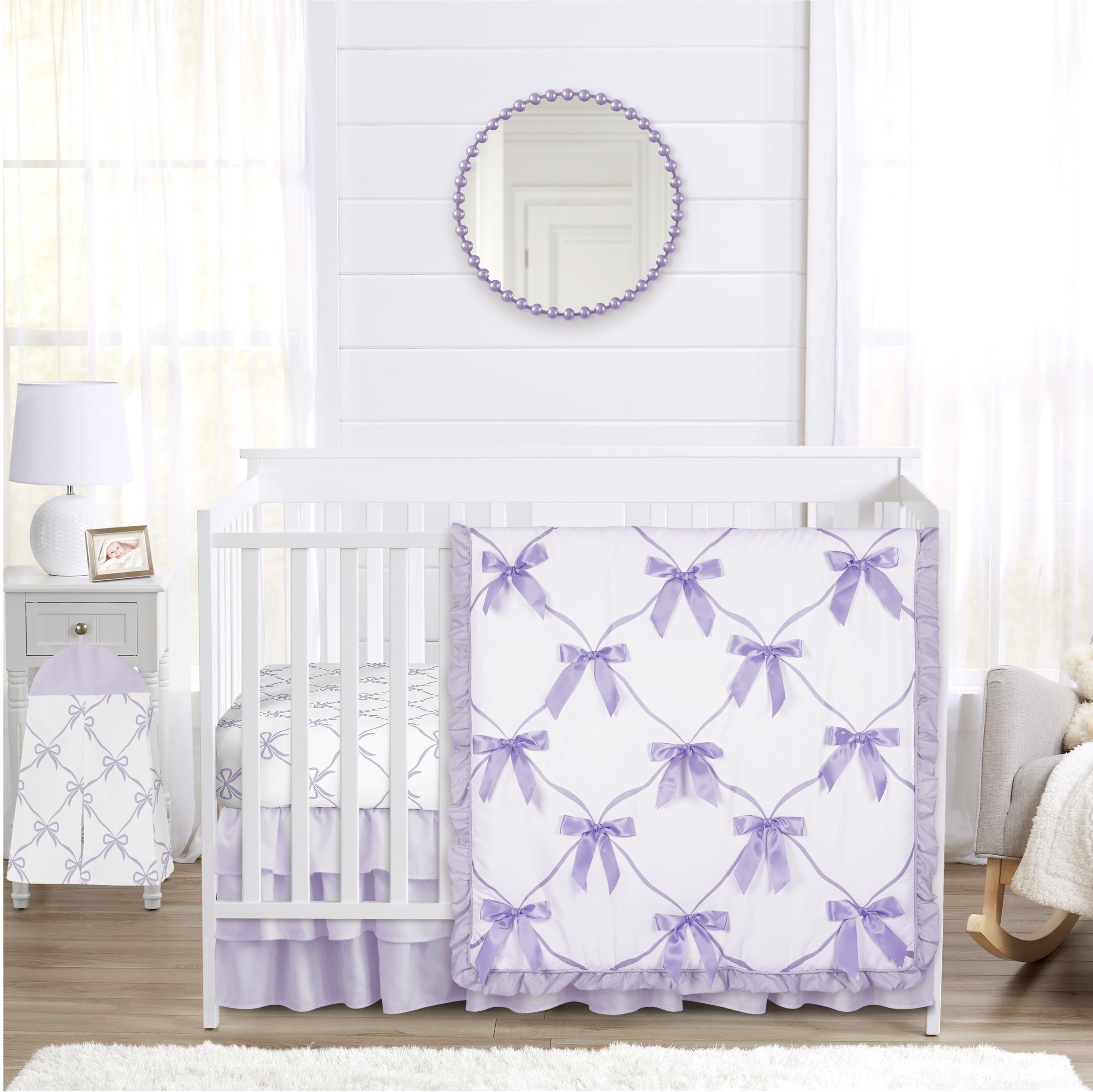 Sweet Jojo Designs 4-Piece Baby Crib Bedding Set (Purple Bows) for Girls, Infants/Nursery incl. Blanket, Fitted Sheet, Skirt, Diaper Stacker (Princess Lavender Bow Vintage Coquette Aesthetic, Elegant)