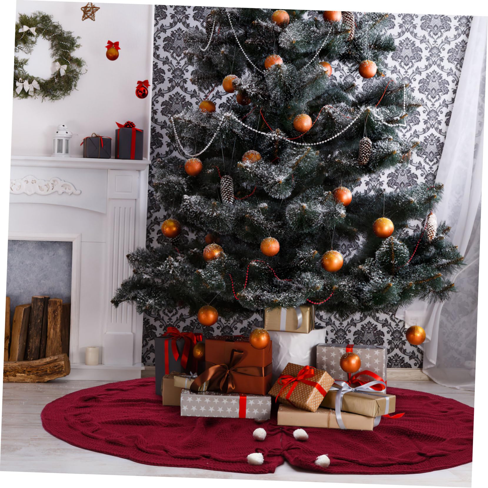 1pezzi Gonna Per Albero Di Natale in Non Imita Lana Lavorata Grembiule Decorativo Rosso Vinaccia Per Casa Negozi e Festività Natalizie
