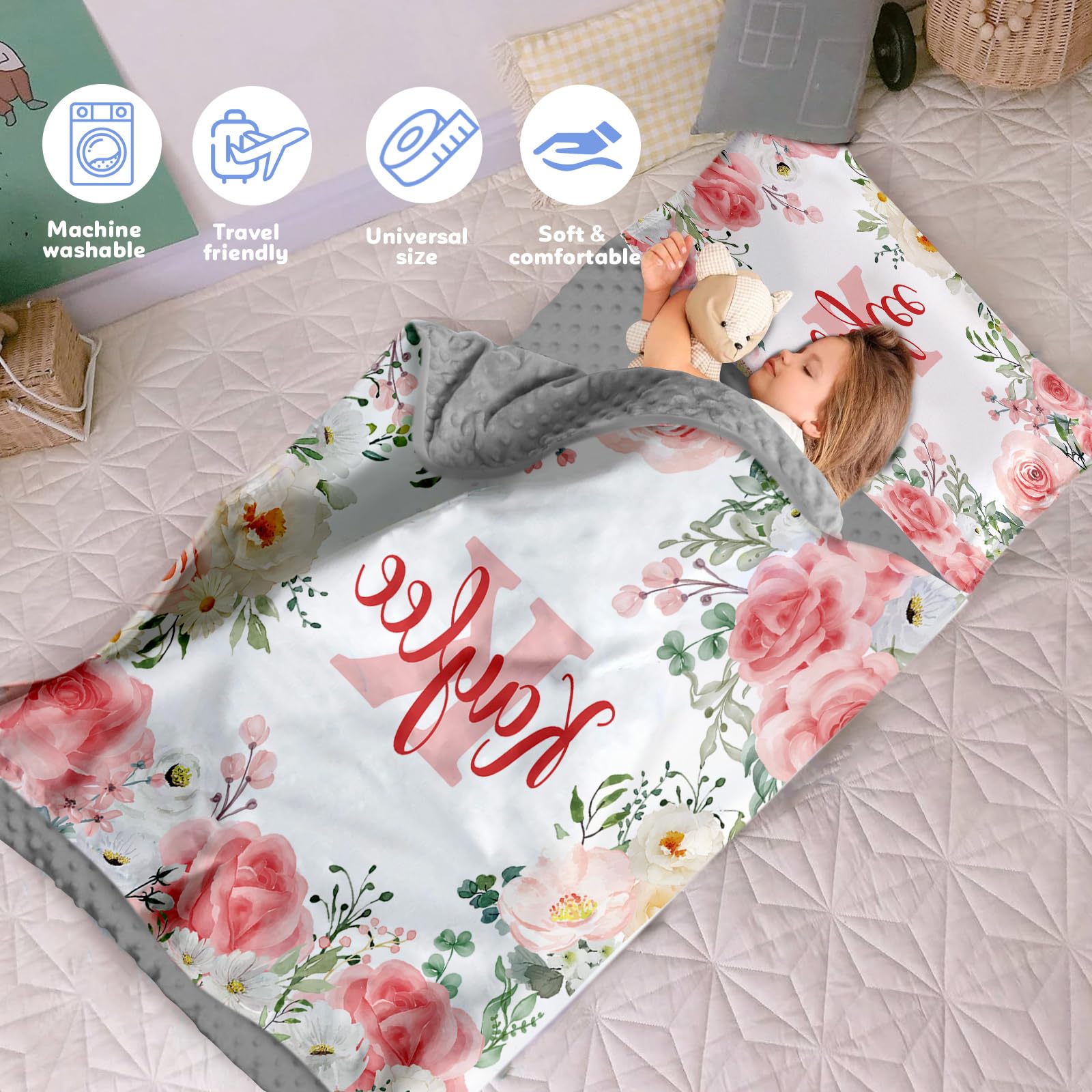 Personalized Toddler Nap Mat for Daycare - Custom Name Kids Nap Mats for Preschool Kindergarten Girls Sleeping Bag with Pillow Blanket Set, Thick Padded Easy Roll Up Pink Floral