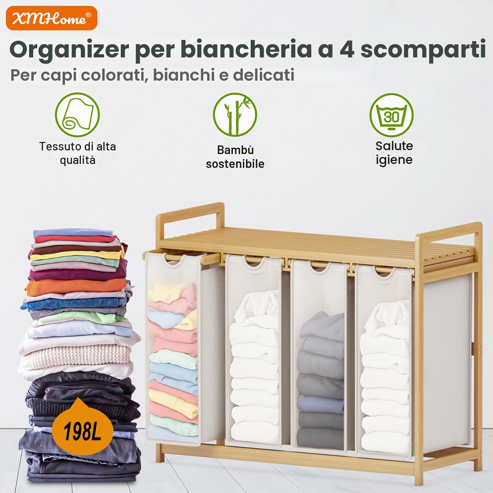 Cesto portabiancheria rettangolare in bambù a 4 scomparti, 198L