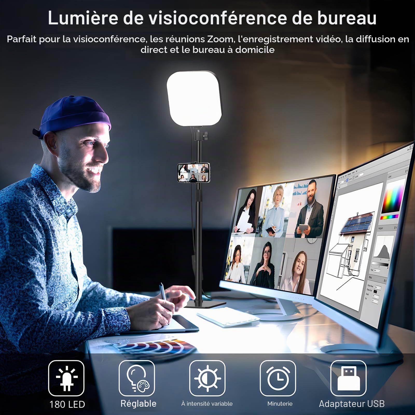 Éclairage de vidéoconférence, lampe vidéo 180 LED avec 3 couleurs, 5 luminosités et minuterie pour enregistrement vidéo, support de téléphone pour ordinateur portable, réunion en ligne, appels vidéo