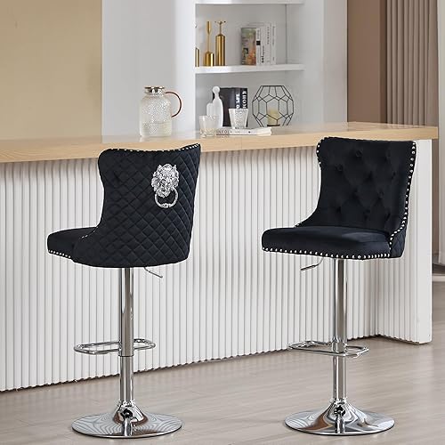 Juego de 2 taburetes de bar giratorios con tirador de anillo, modernos taburetes ajustables de terciopelo con respaldo alto copetudo, silla de