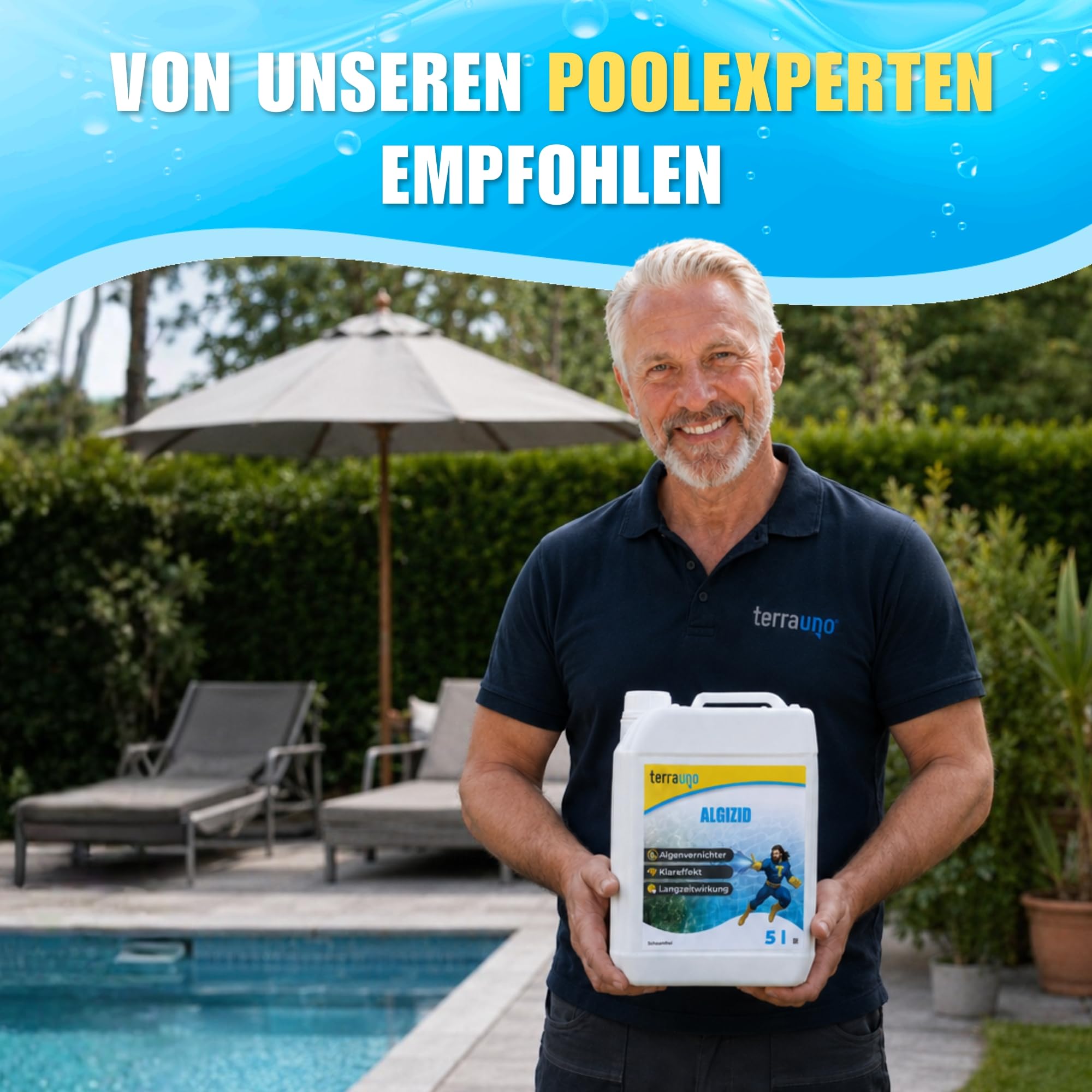 TerraUno Algizid für Pool, Algenvernichter Pool zum Schutz vor Algen, Pilzen & Bakterien, 5 L Pool Algenvernichter mit Klareffekt für sauberes und klares Badewasser