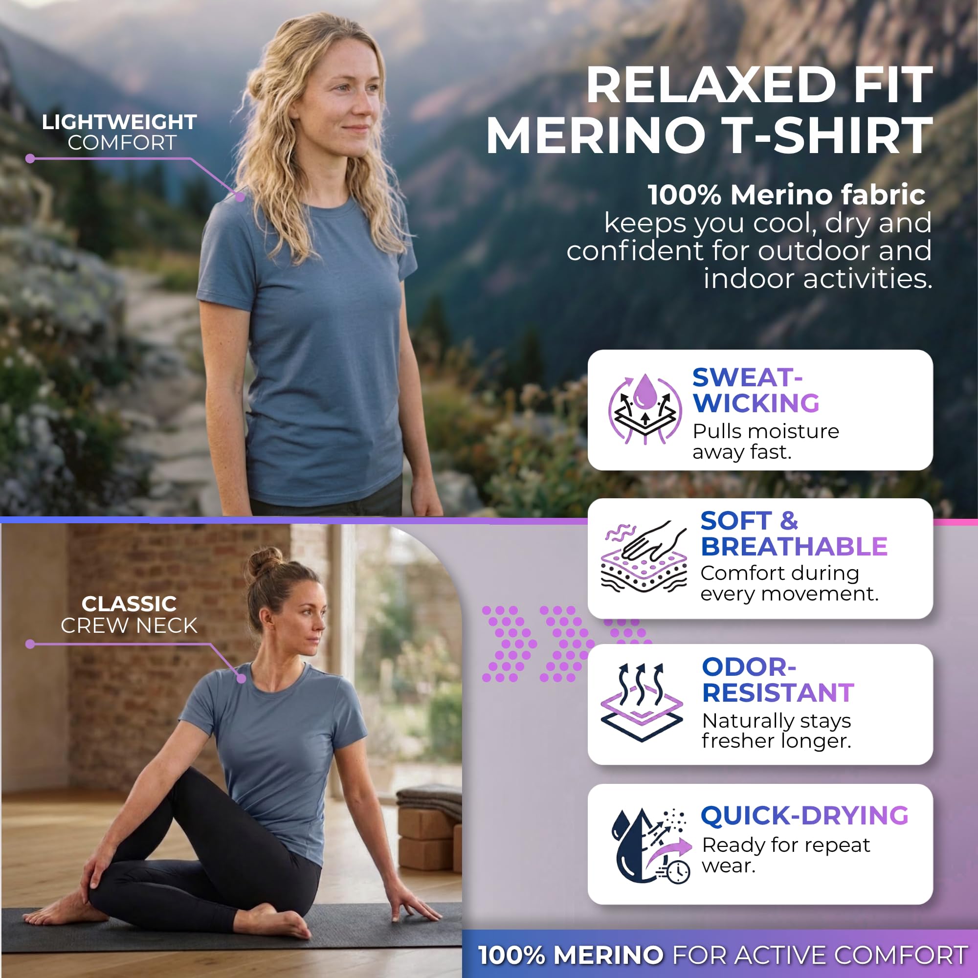 menique T-shirt 100 % mérinos pour femme - Manches courtes - Col rond - Protection UV UPF 35 - Léger et respirant - Sous-vêtement thermique d'été - Maillot de sport pour la randonnée, la course à pied