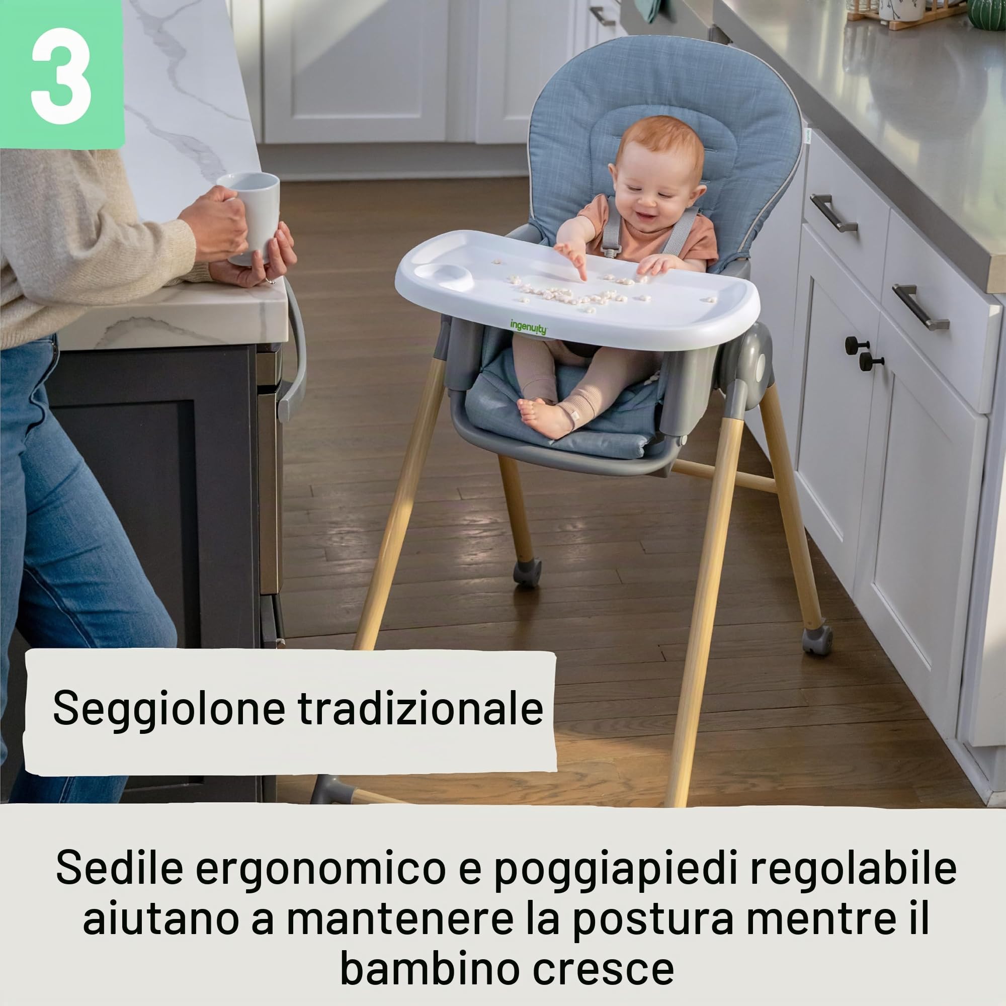 Ingenuity, Seggiolone Proper Positioner Deluxe, seggiolone convertibile 7 in 1, gambe stampate in finto legno, unisex, 0-36 mesi