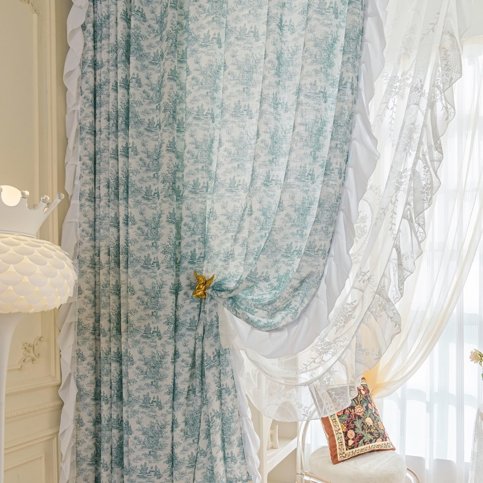 Rideaux en tulle bleu haut de gamme à volants voilage fleurs en coton et polyester 132x183