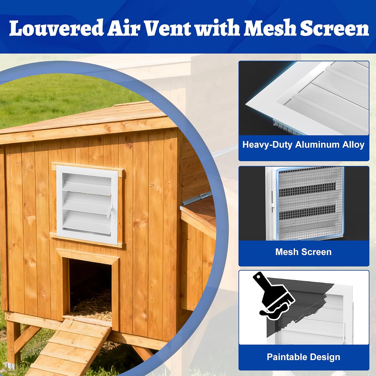 2 Pcs Adjustable Chicken Coop Vent, 12" x 12" Aluminum Alloy Gable Vent with Mesh Screen for Anti-Debris, Louvered Air Vent Cover for Chicken Coop Window, Shed, Attic Ventilation
