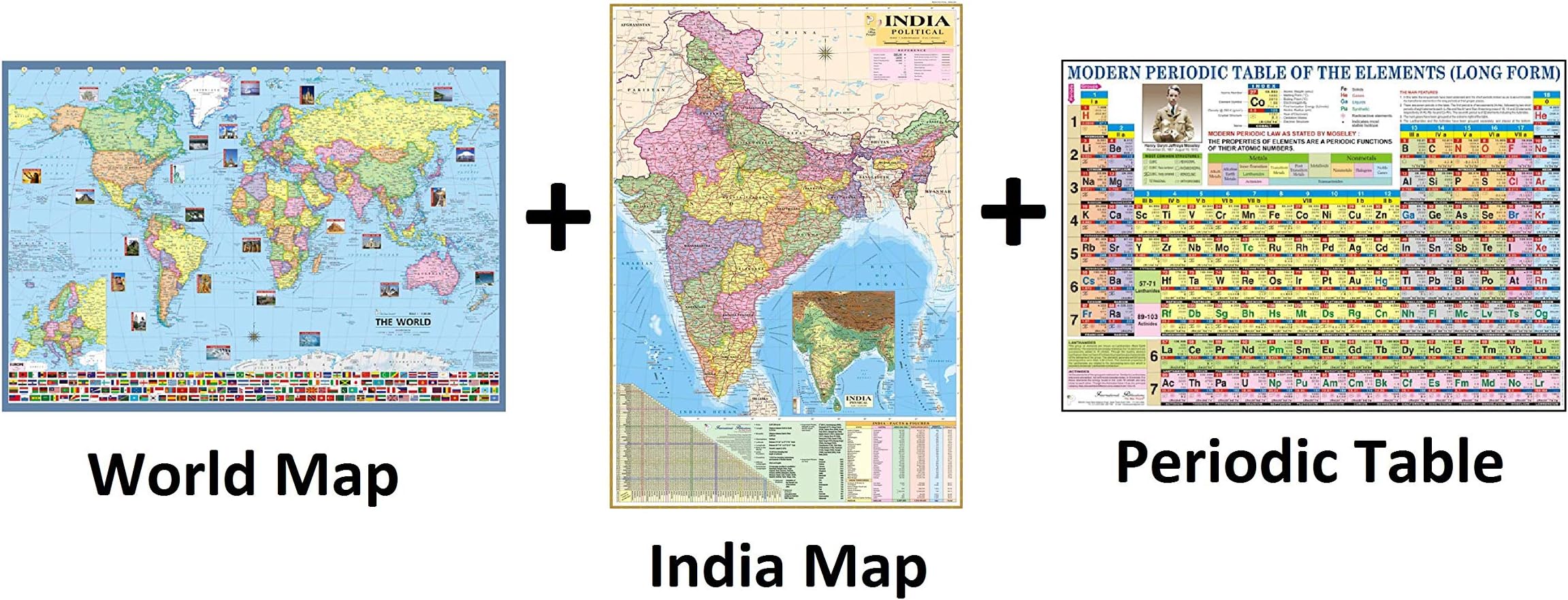 (Pack of 3) WORLD MAP, INDIA MAP and PERIODIC TABLE. All Map/Chart Size : 40"x28" inch (100x70 cm), Updated Map/Charts.