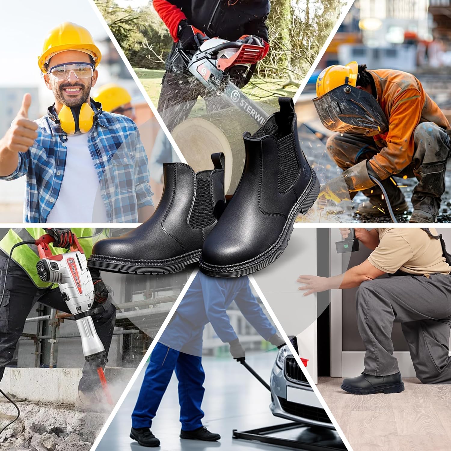 ZERVRTON Steel Toe Work Boots for Men,Slip-on Work Boots,Men's Industrial & Construction Shoes,Waterpoof Safety boots,Non-slip,Comfortable,Lightweight