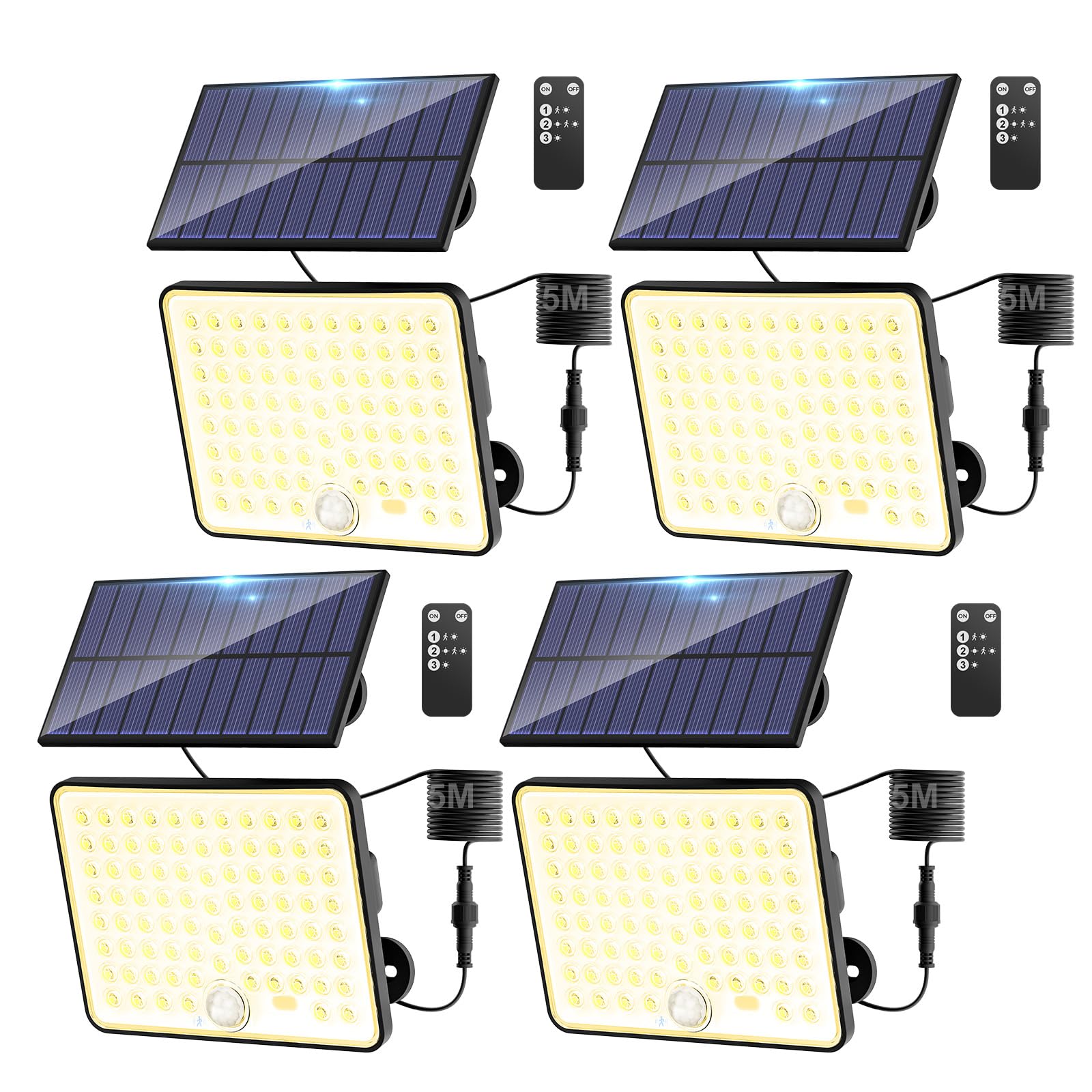 Kolpop Solar Lights Outdoor Garden with Lenses, 3 Modes Remote Solar Security Lights Outdoor Motion Sensor, IP65 Waterproof Solar Powered Pir Flood Light for Shed Porch Yard Garage, 4 Packs