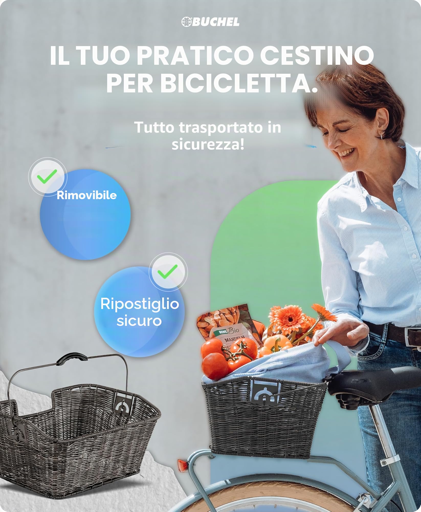 Büchel 40504190 - Cestino per Bicicletta in polyrattan, Colore: Grigio