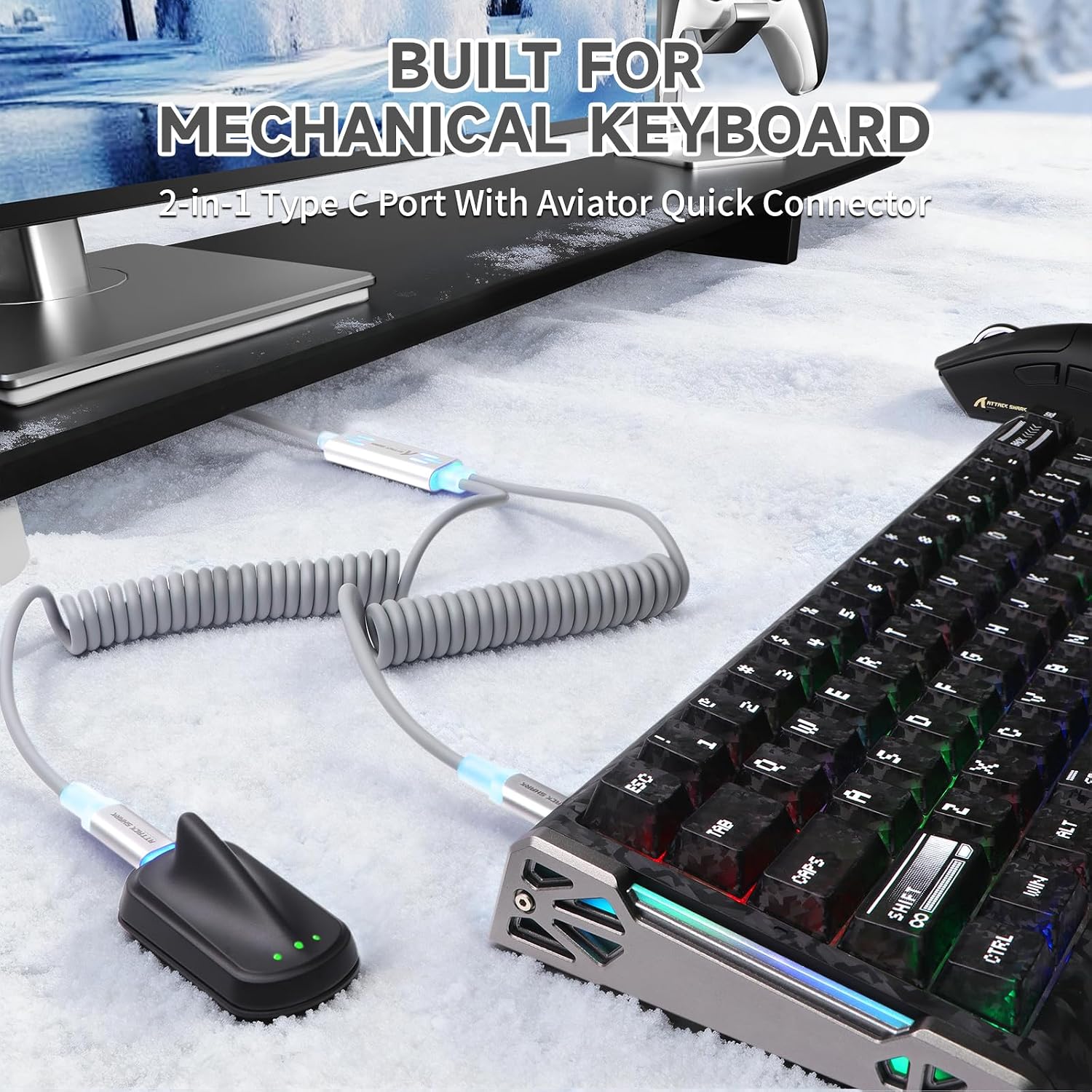 ATTACK SHARK C08 Dual USB-C RGB Coiled Keyboard Cable, 8K Fast Charging Data Cable for Mechanical Gaming Keyboard & Mouse, Detachable Aviator Connector, Custom Type-C Cable for PC Gamer,Grey image 2