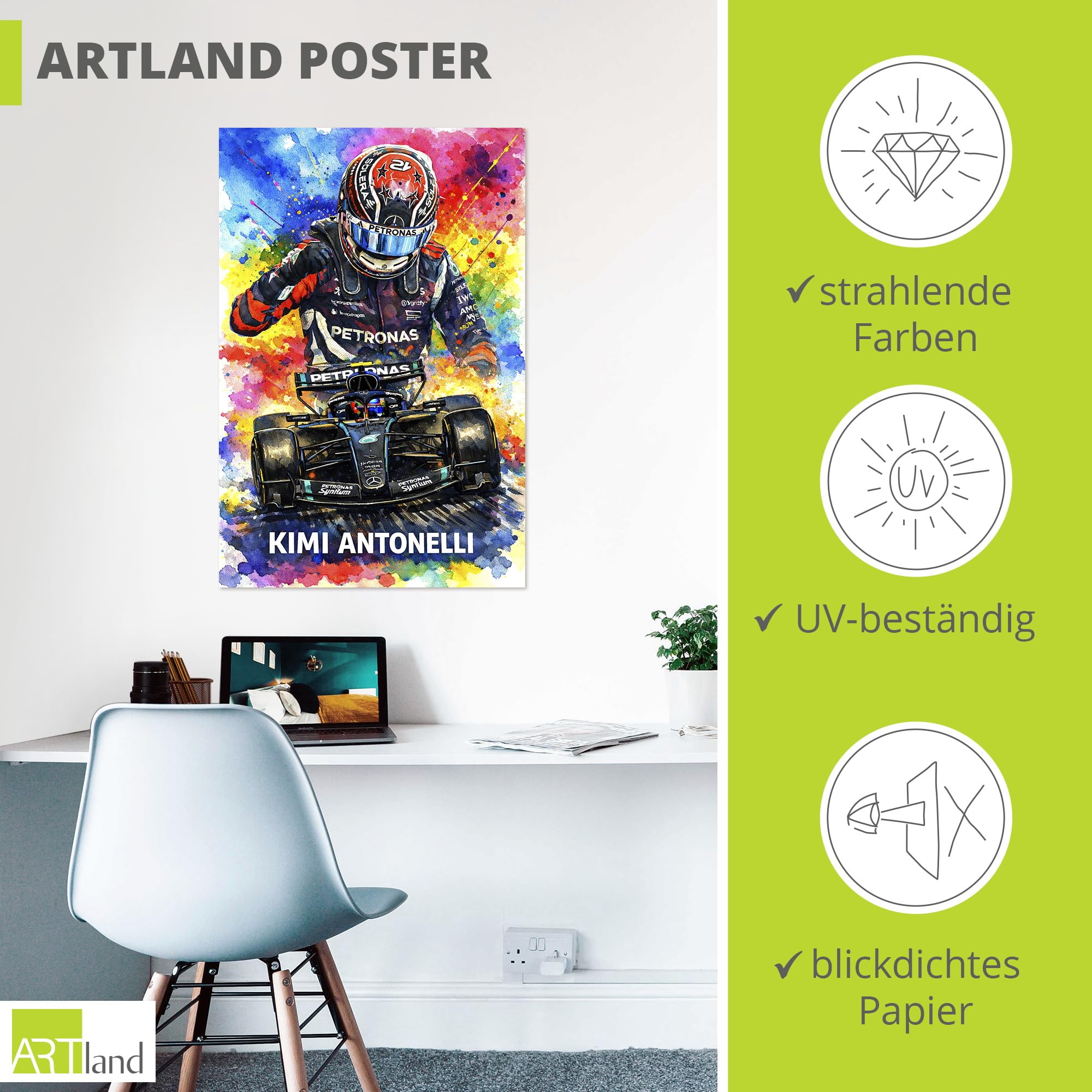 ARTLAND Wanddeko Poster & Kunstdrucke Wandposter 80 x 120 cm Kimi Antonelli Mercedes F1 Aquarell Illustration Rennsport Deko für Fans & Sammler U6FH