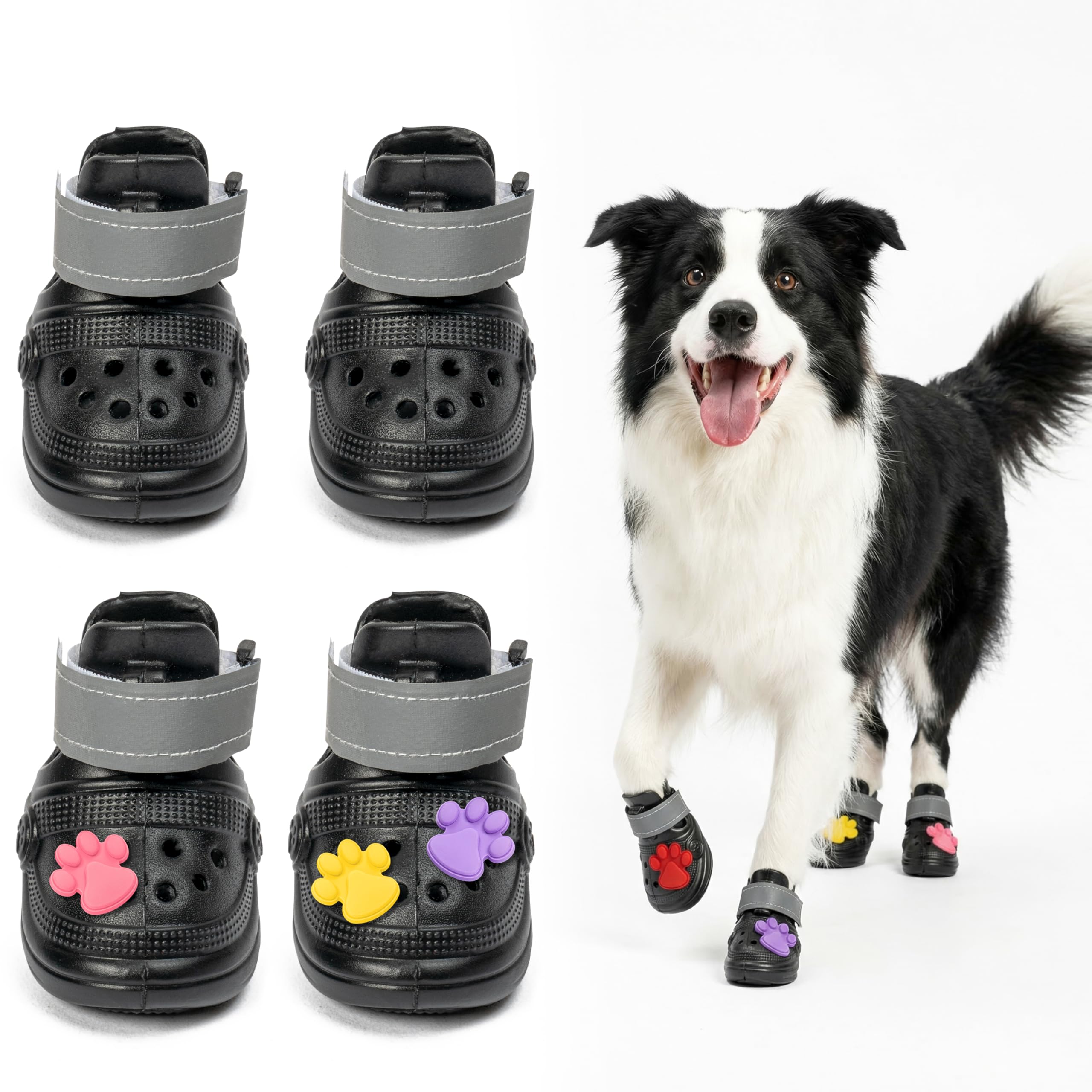 Wood Homing Dog Shoes for Paw Protector - 4pcs Anti Slip Dog Clog Boot Breathable Sandals with Shoe Charm Reflective Strip for Small Medium Dogs, Paw Stop Licking Summer Hot Pavement Beach Walking (L)