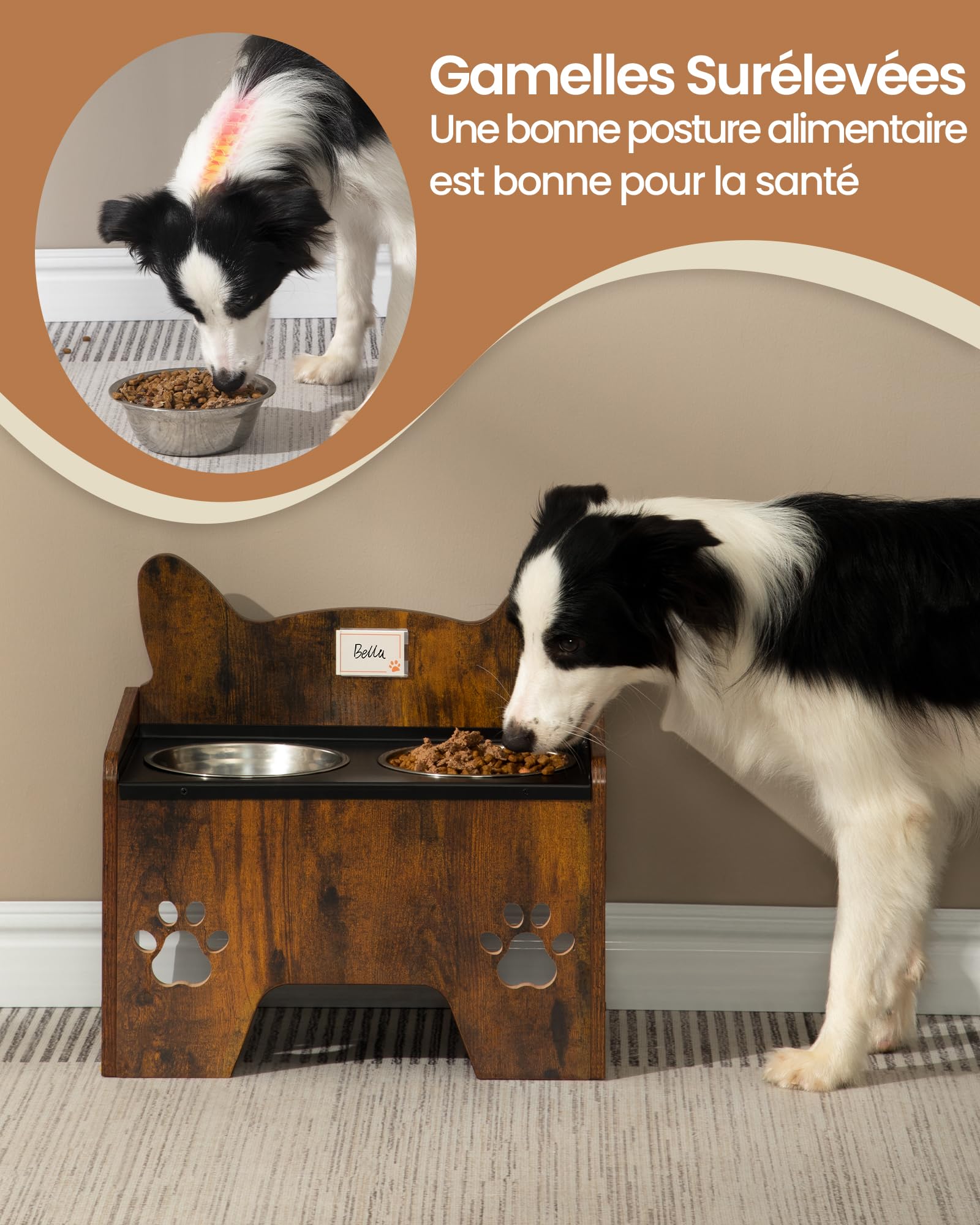 Hzuaneri Gamelles Surélevées pour Chien, Support de Gamelle pour Chien avec 2 Gamelles en Acier Inoxydable, Ensemble de Gamelle Anti-déversement, Marron Rustique et Noir PB07101B
