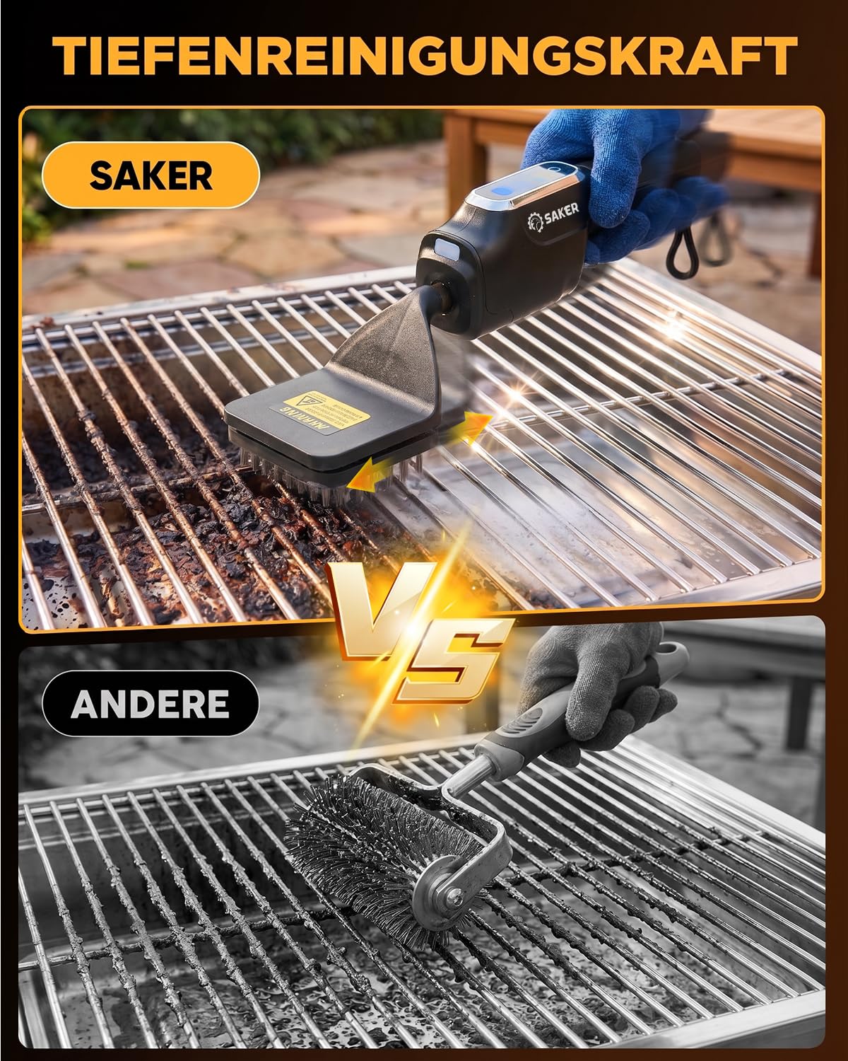 Saker Elektrische Grillbürste, Bürstenfreier BBQ-Reiniger mit Feuerbeständigem Pad, Kabelloser Grillreiniger für Holzkohle-, Pellet- und Flachgrills